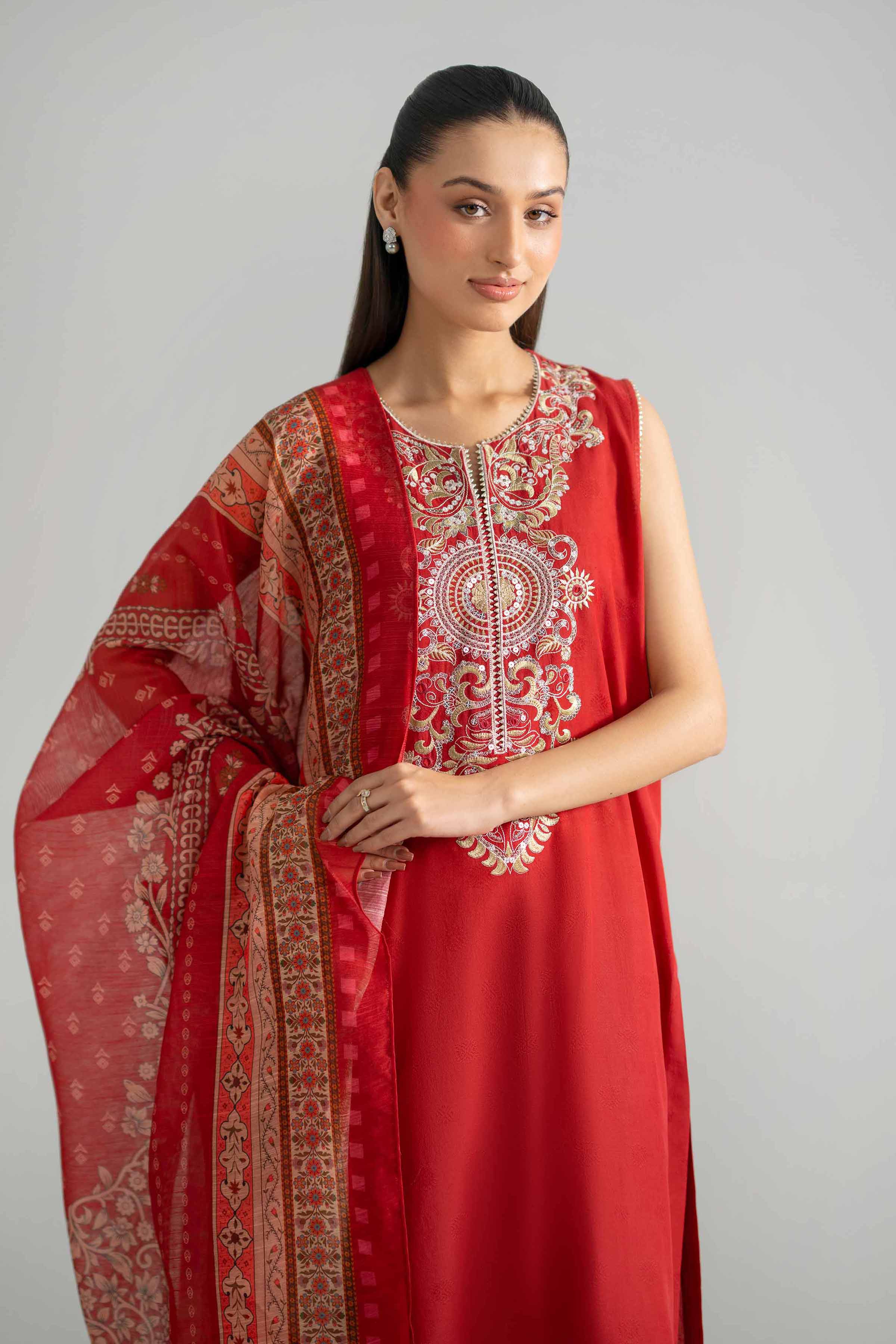 2 Piece - Embroidered Suit - PE26-128 Red Jacquard 2PC Embroidered READY TO WEAR