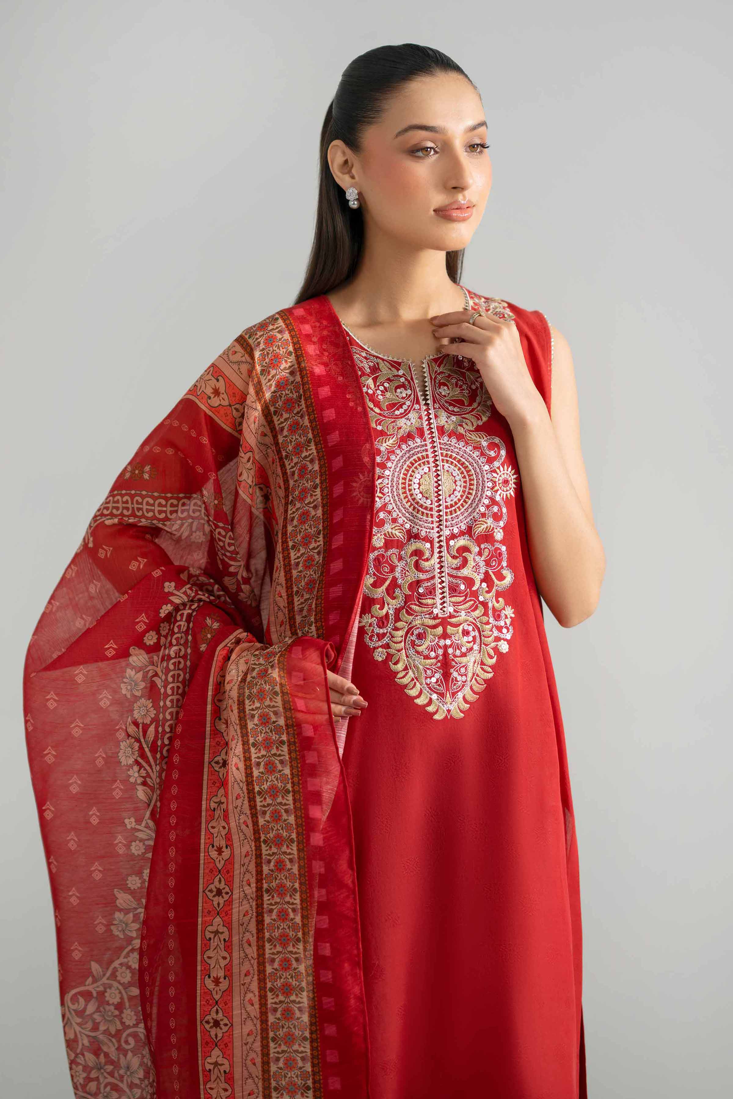 2 Piece - Embroidered Suit - PE26-128 Red Jacquard 2PC Embroidered READY TO WEAR