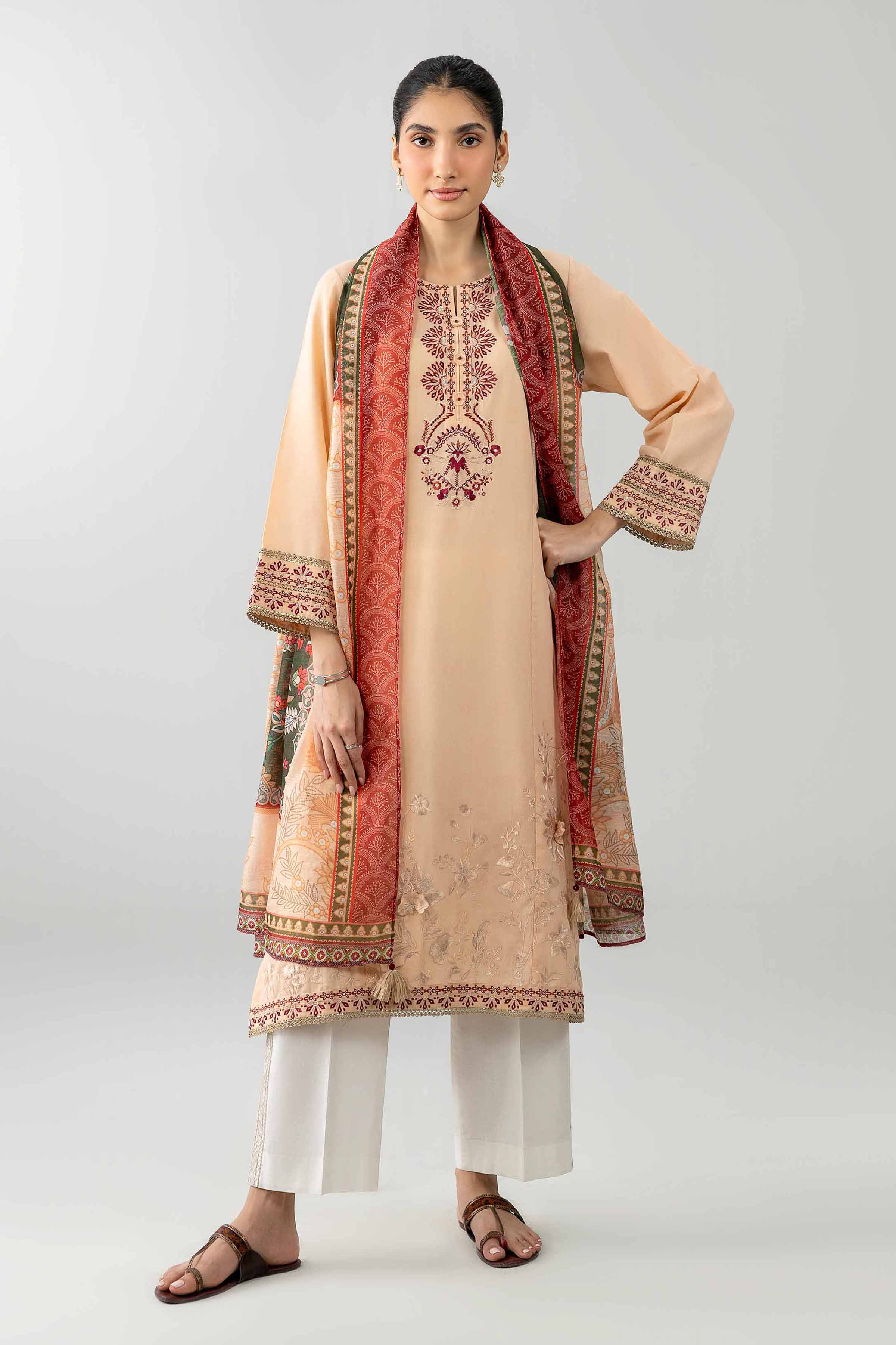 2 Piece - Embroidered Suit - PE26-130 Orange Jacquard  Embroidered A-Line shirt