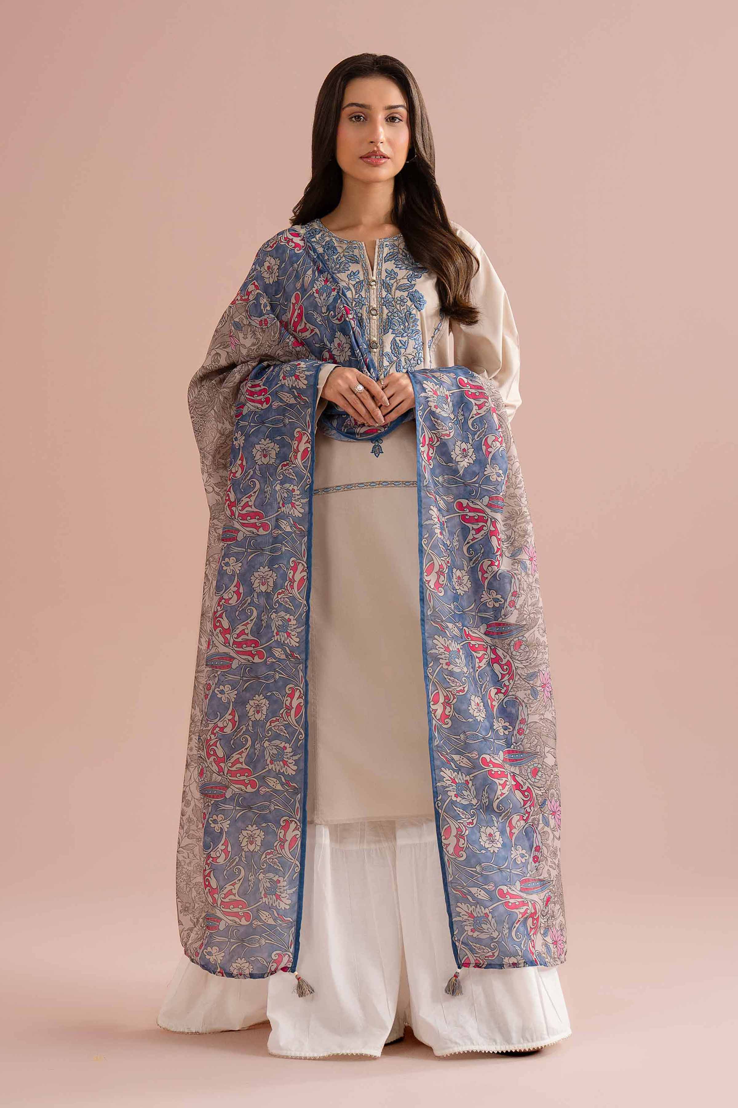 2 Piece - Embroidered Suit - PE26-142 Beige Cambric 2PC Embroidered