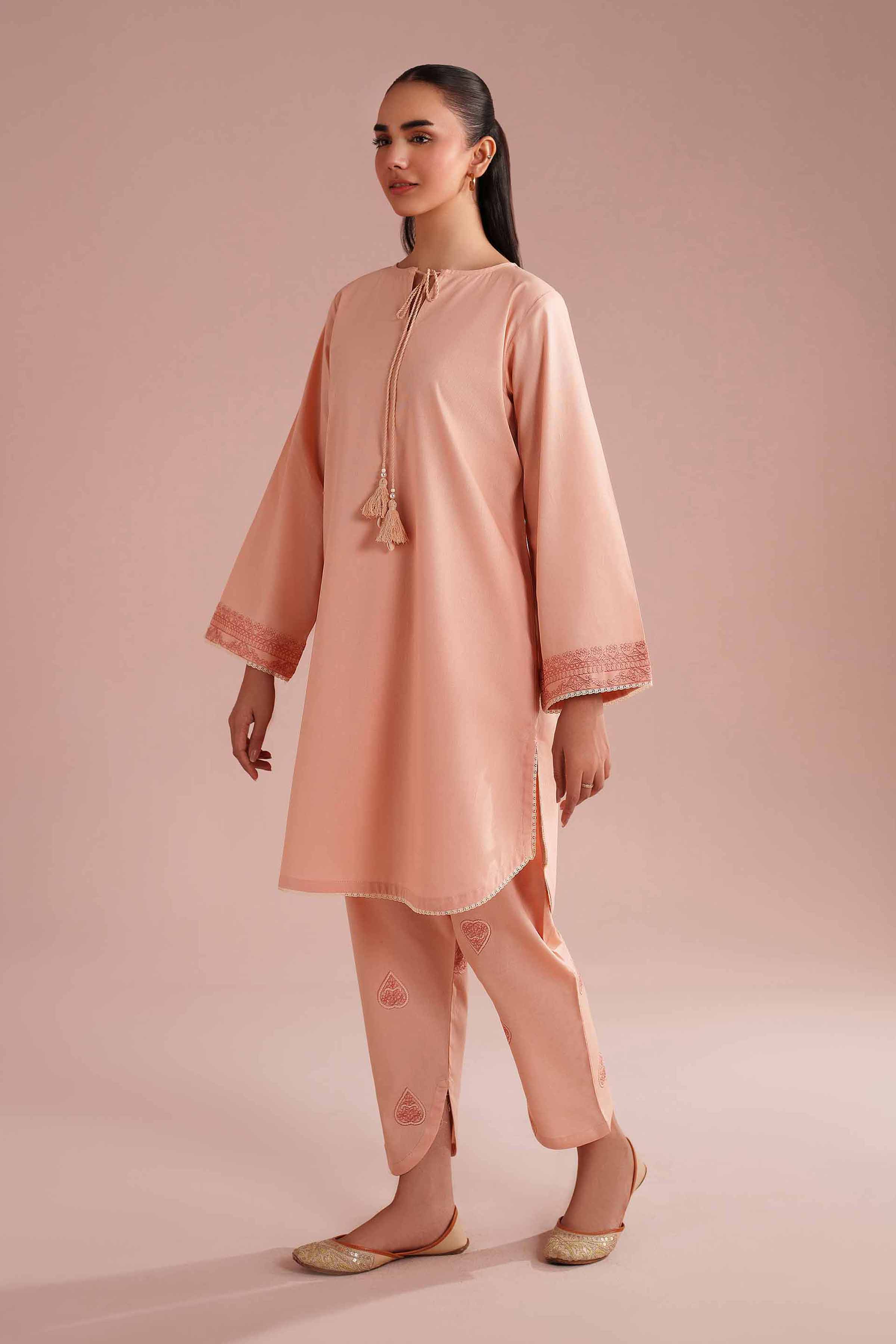 2 Piece - Embroidered Suit - PE26-150 Orange Linen 2PC Embroidered READY TO WEAR