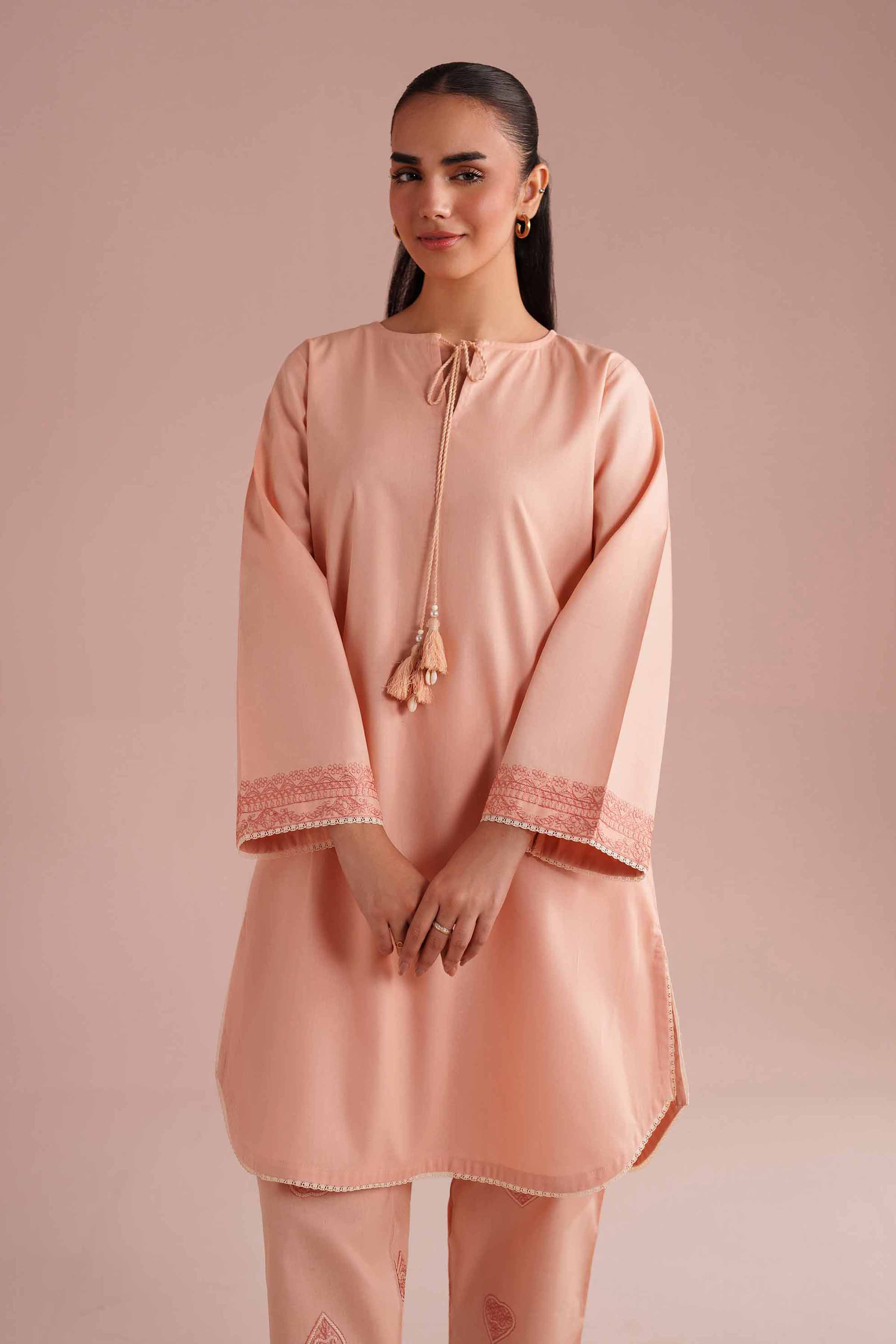 2 Piece - Embroidered Suit - PE26-150 Orange Linen 2PC Embroidered READY TO WEAR