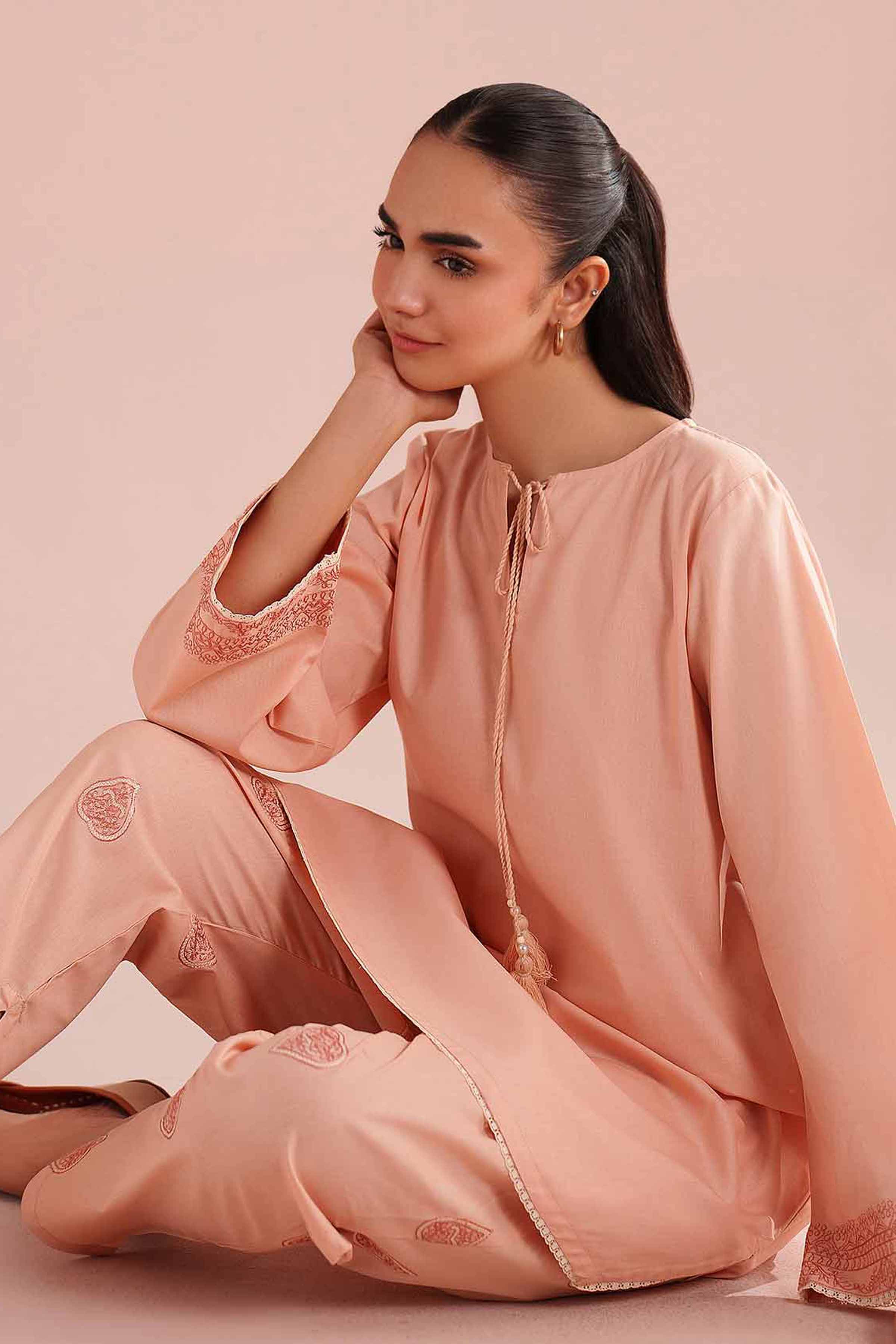 2 Piece - Embroidered Suit - PE26-150 Orange Linen 2PC Embroidered READY TO WEAR