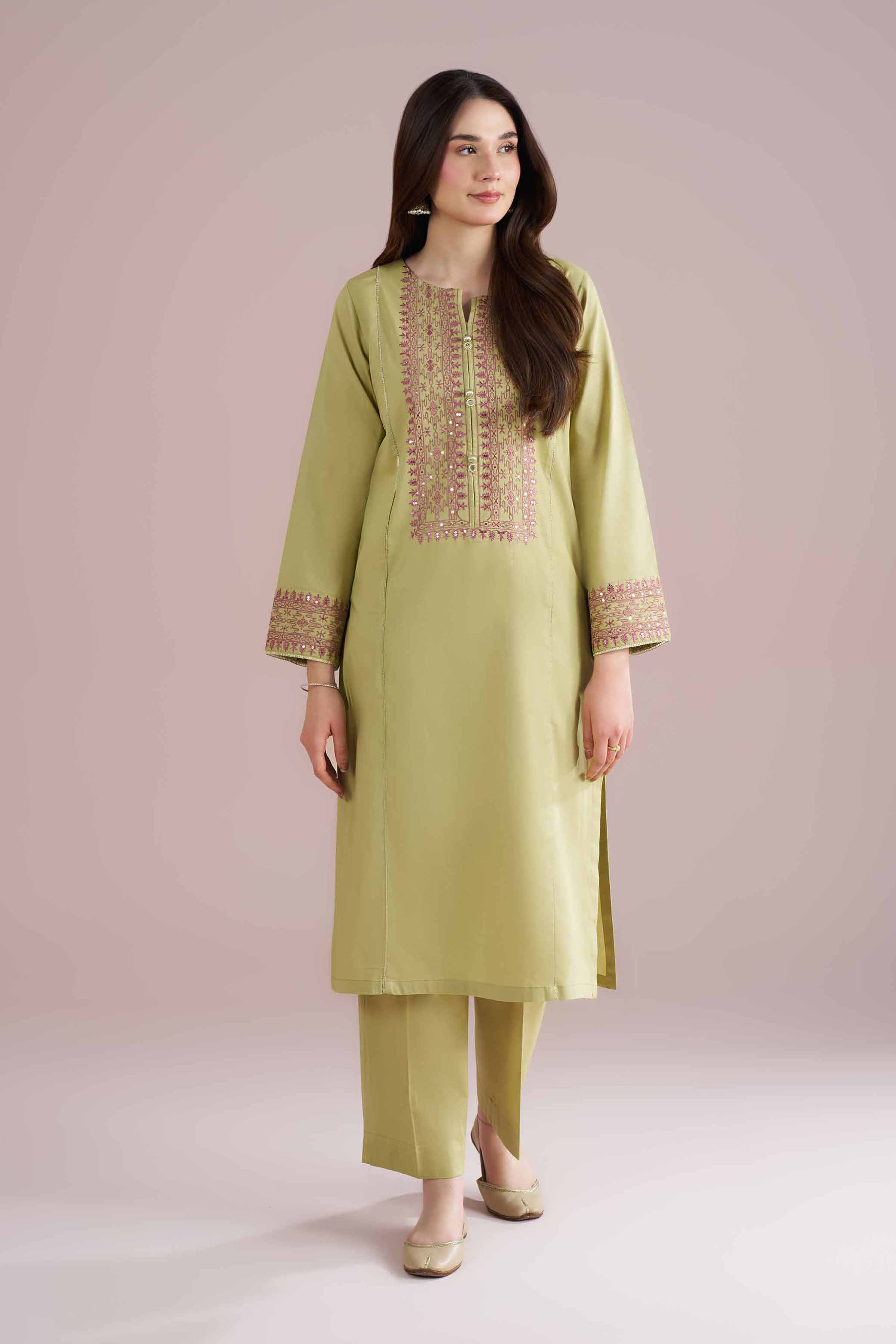 2 Piece - Embroidered Suit - PE26-151 Green Linen 2PC Embroidered READY TO WEAR