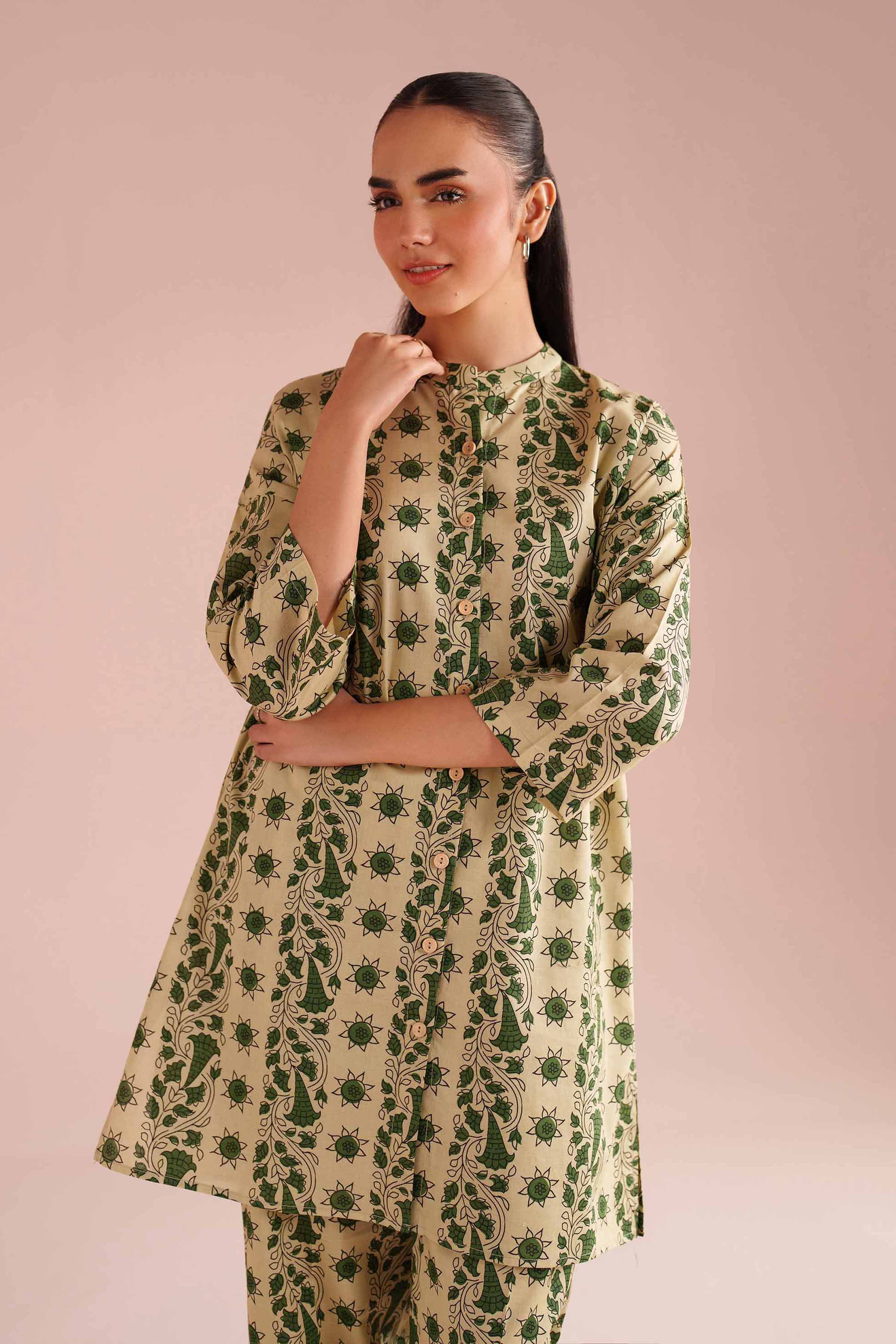 2 Piece - Printed Suit - PE26-181 Beige Cambric 2PC Printed READY TO WEAR