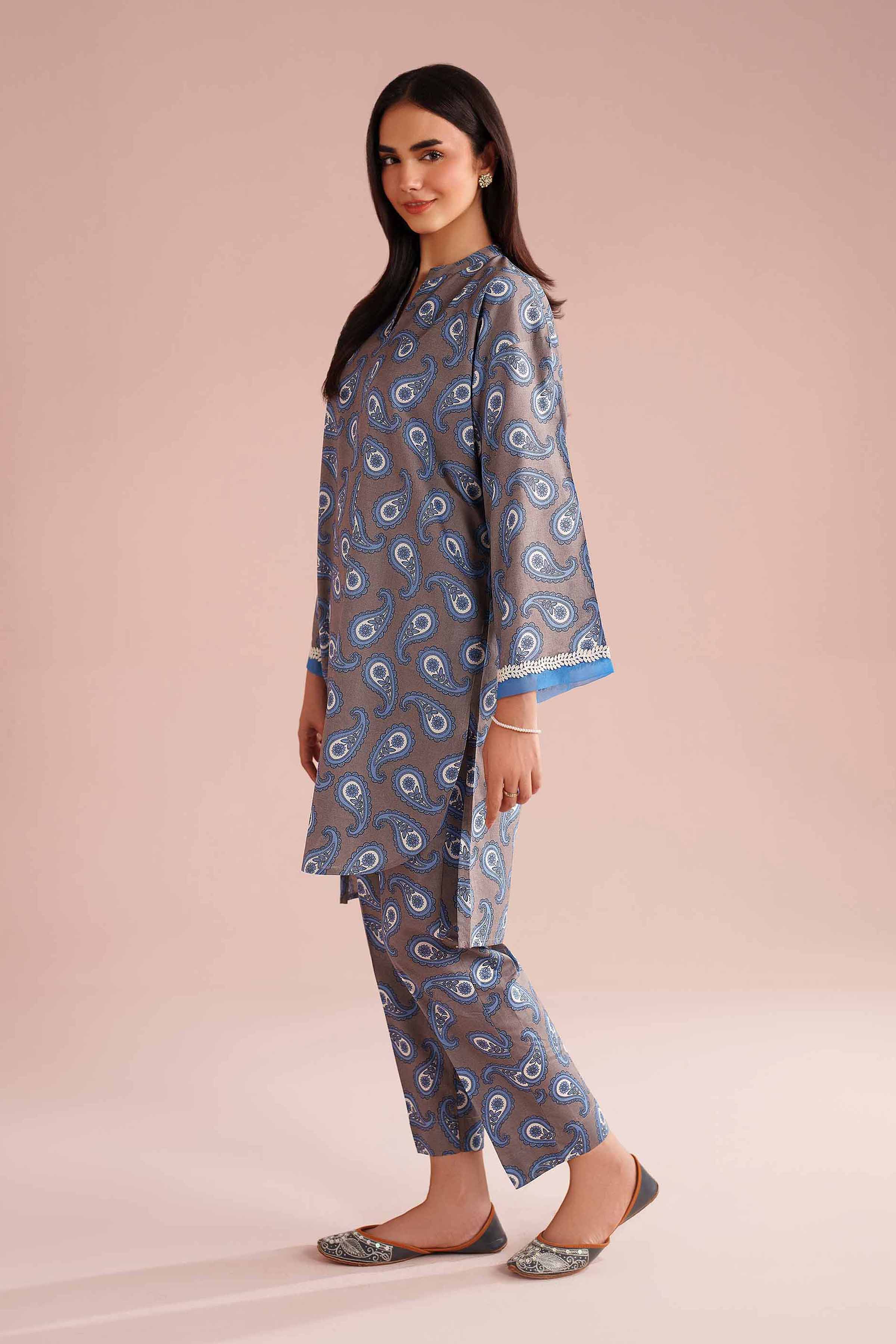 2 Piece - Printed Suit - PE26-182 Grey Cambric 2PC Printed READY TO WEAR
