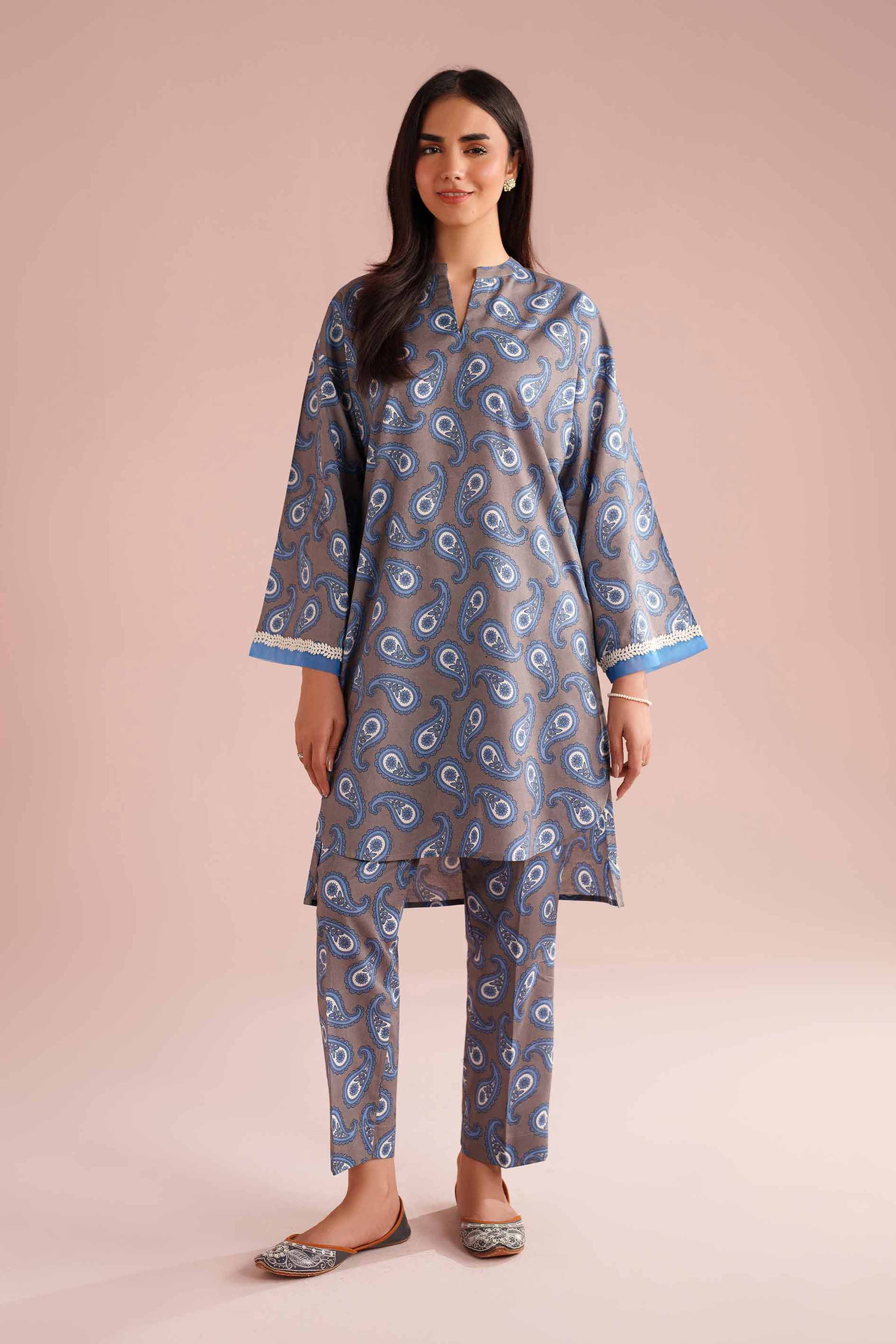 2 Piece - Printed Suit - PE26-182 Grey Cambric 2PC Printed READY TO WEAR