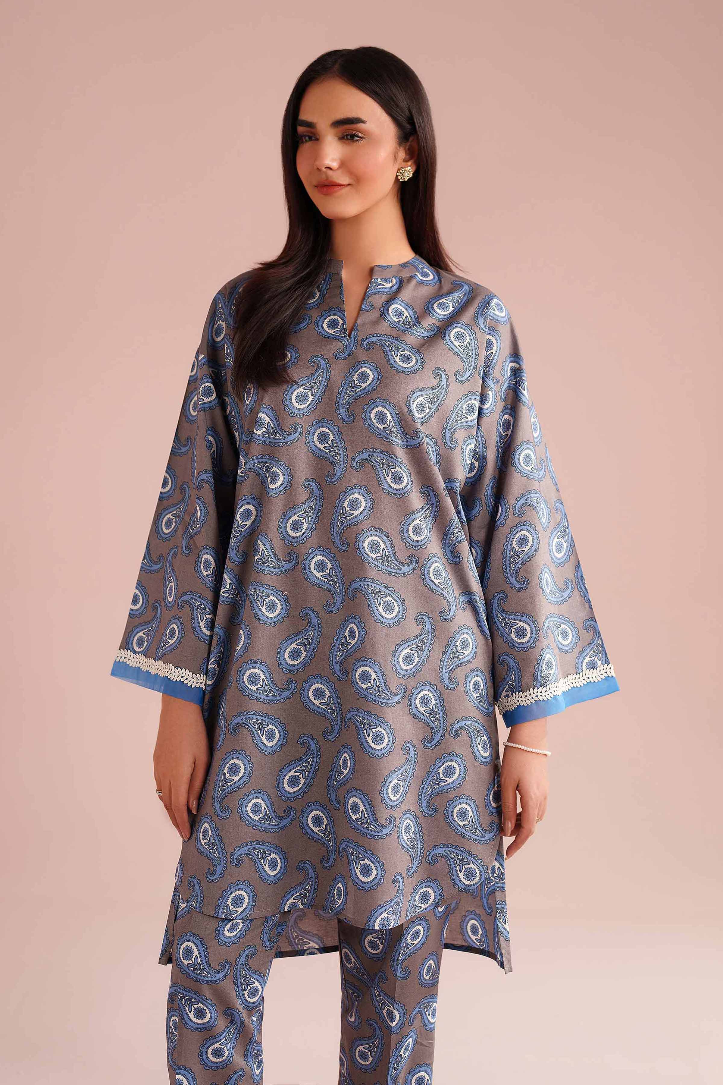 2 Piece - Printed Suit - PE26-182 Grey Cambric 2PC Printed READY TO WEAR