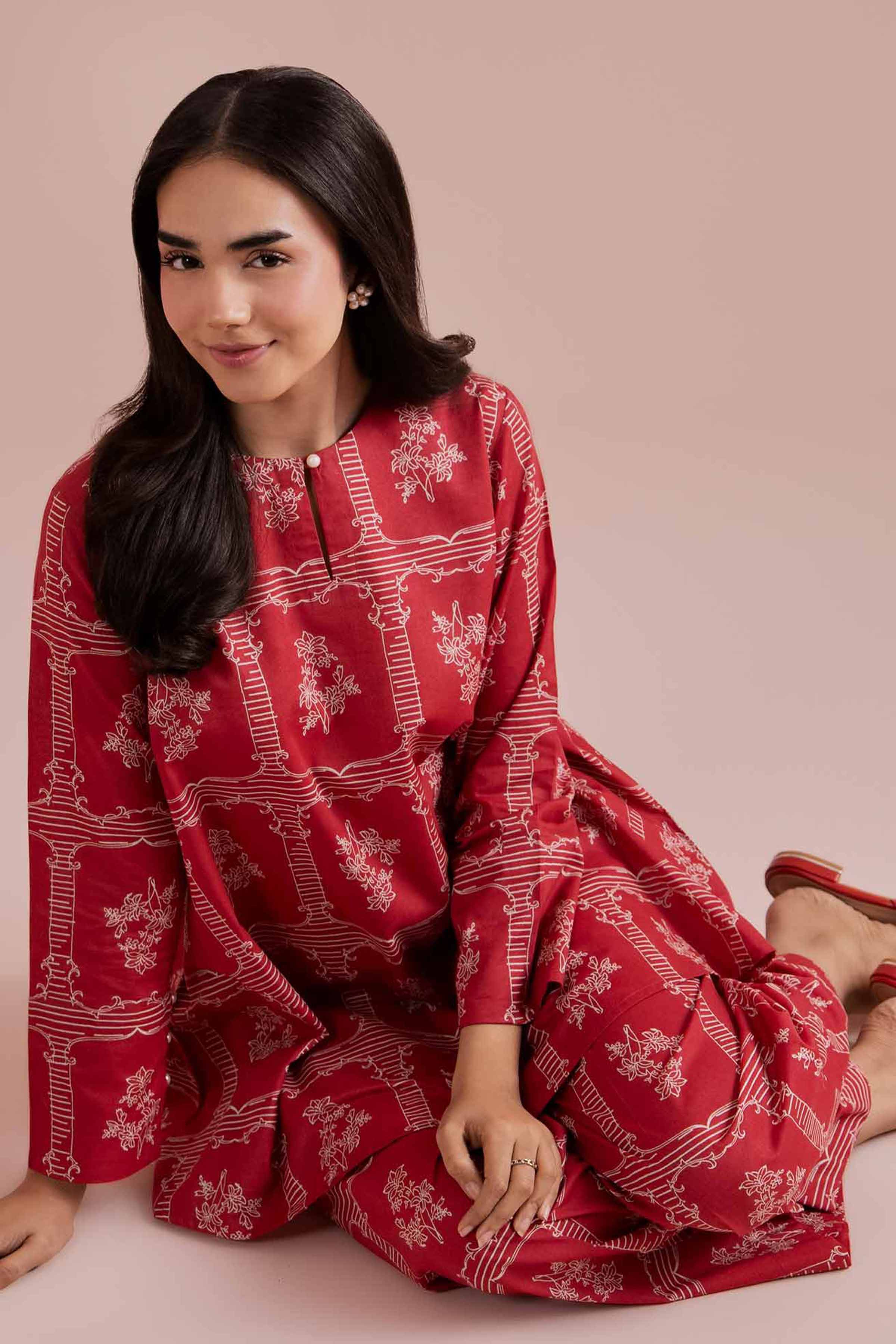 2 Piece - Printed Suit - PE26-193 Red Cambric 2PC Printed READY TO WEAR