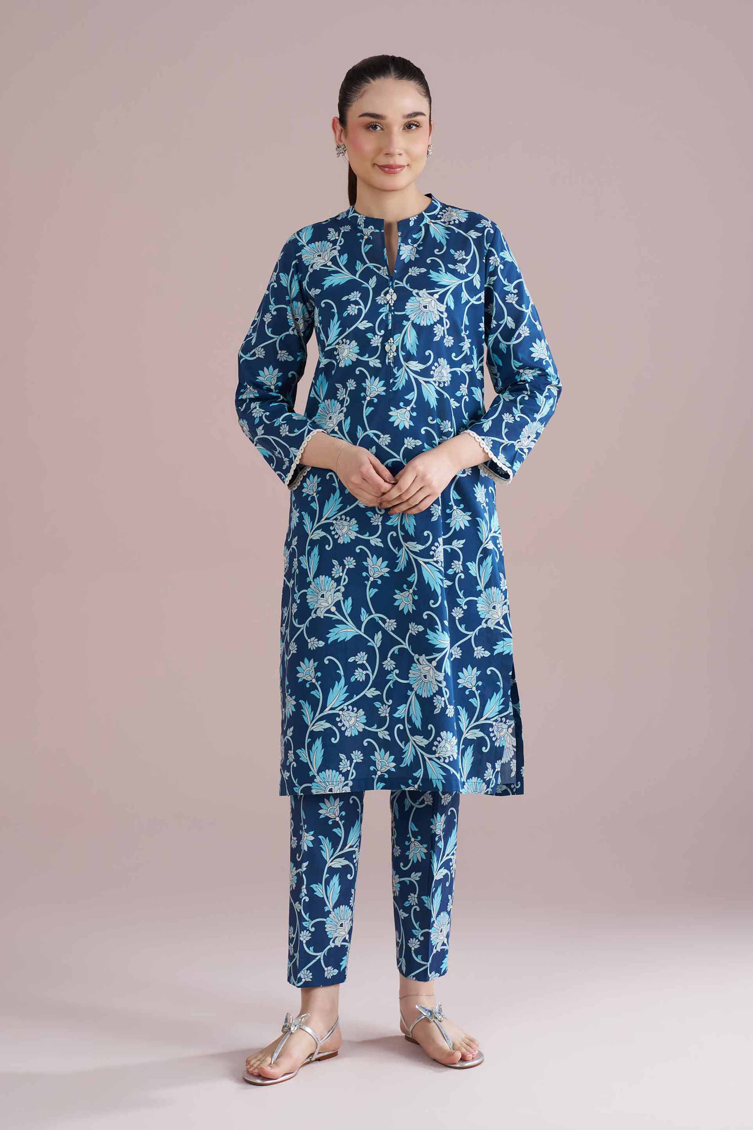 2 Piece - Printed Suit - PE26-195 Blue Cambric 2PC Printed READY TO WEAR