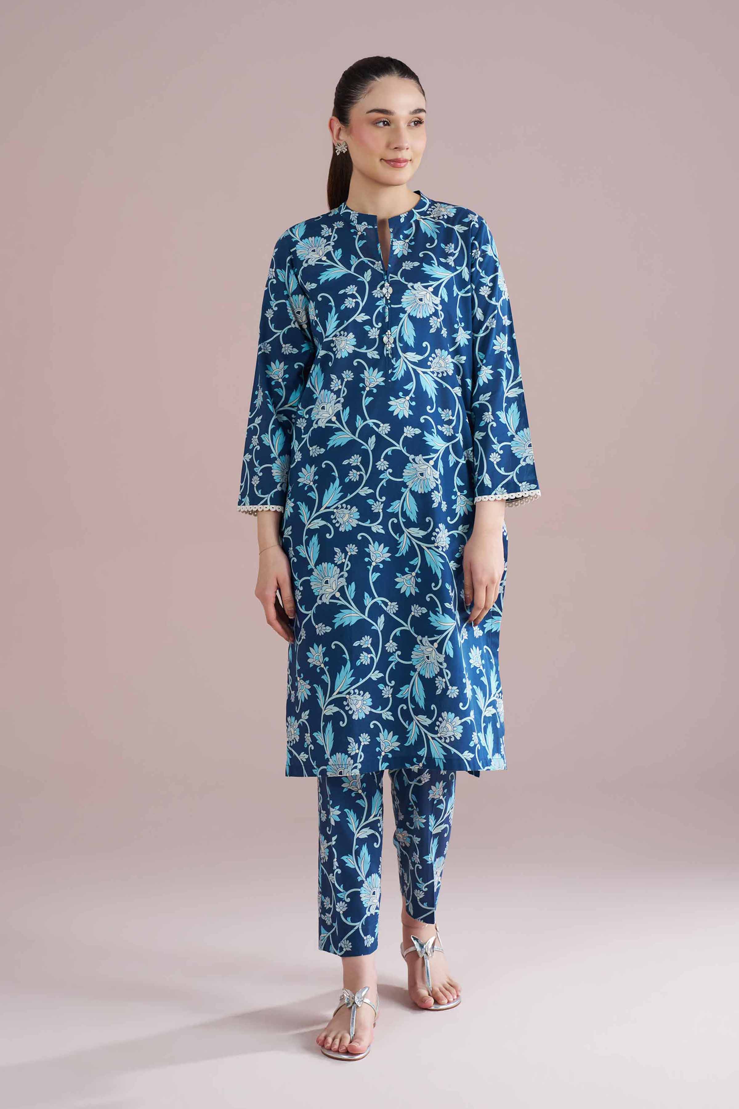 2 Piece - Printed Suit - PE26-195 Blue Cambric 2PC Printed READY TO WEAR