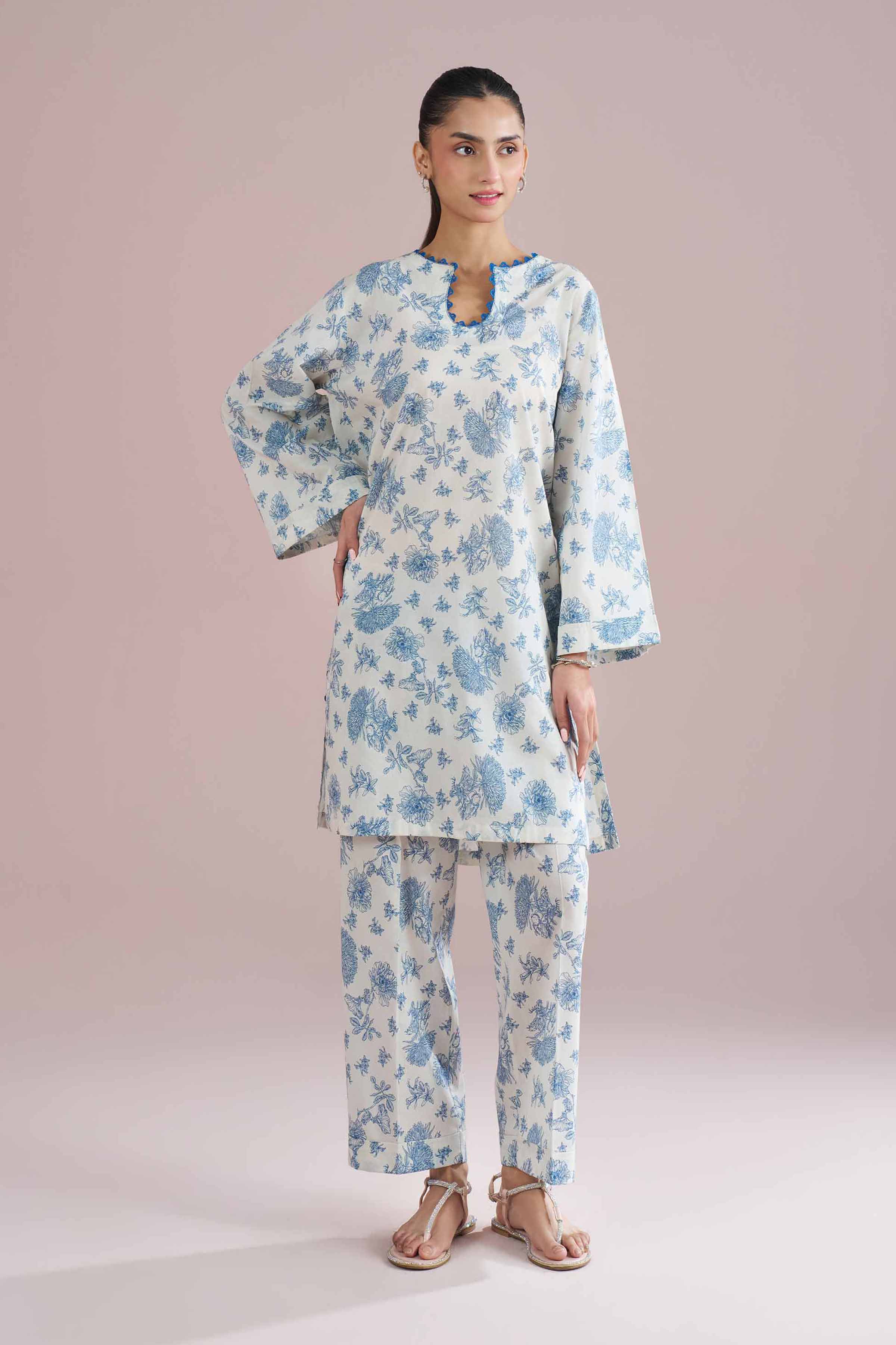 2 Piece - Printed Suit - PE26-197 Off White Cambric 2PC Printed READY TO WEAR
