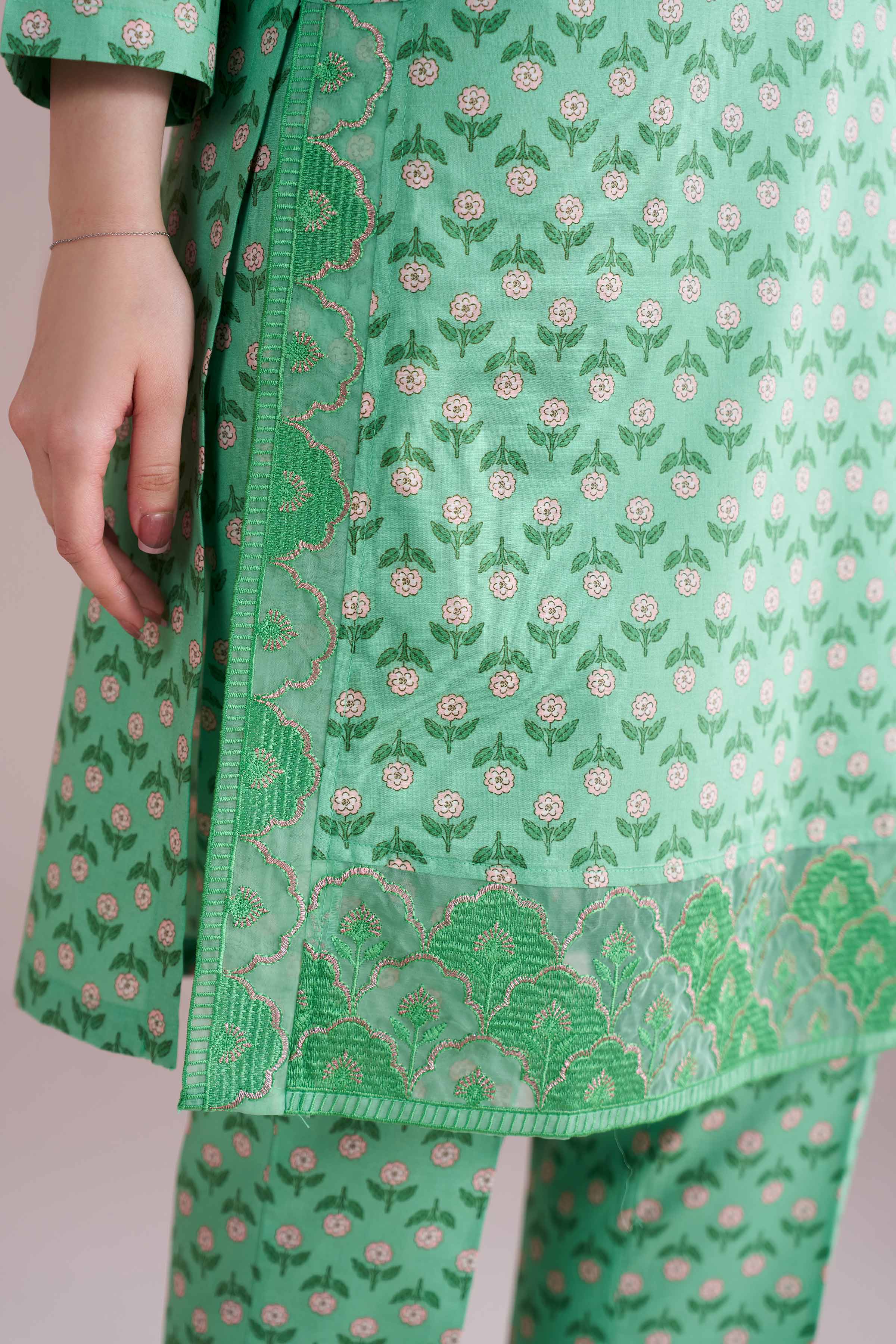 2 Piece - Printed Embroidered Suit - PE26-201 Green Cambric 2PC Embroidered READY TO WEAR