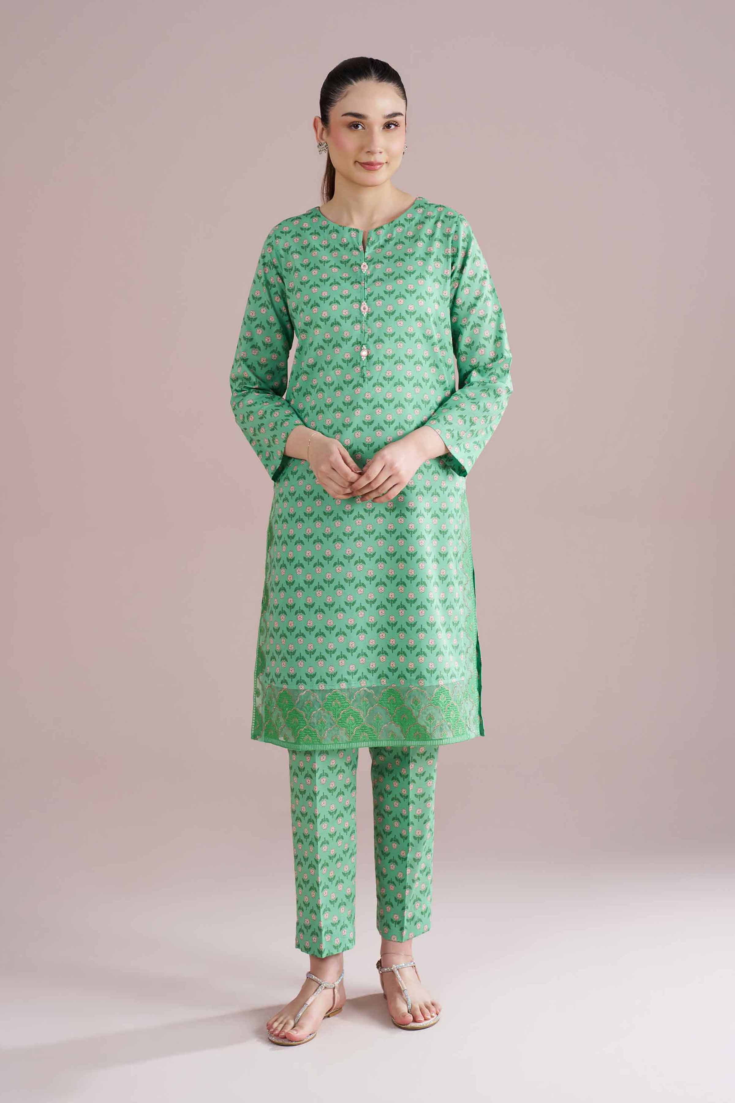 2 Piece - Printed Embroidered Suit - PE26-201 Green Cambric 2PC Embroidered READY TO WEAR