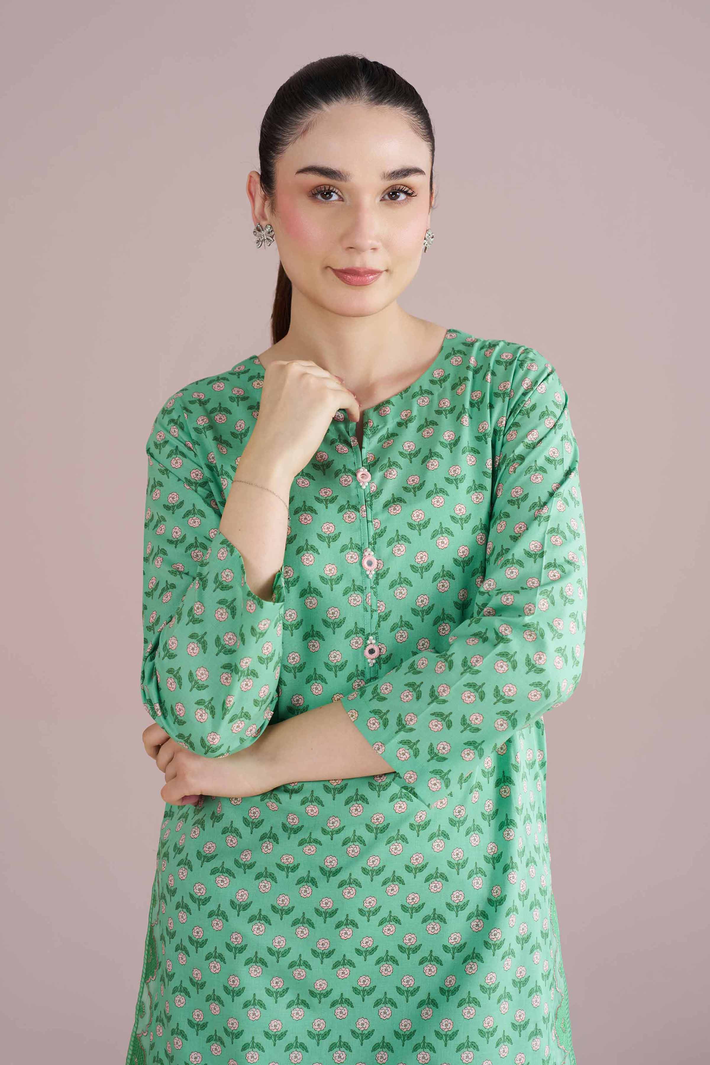 2 Piece - Printed Embroidered Suit - PE26-201 Green Cambric 2PC Embroidered READY TO WEAR