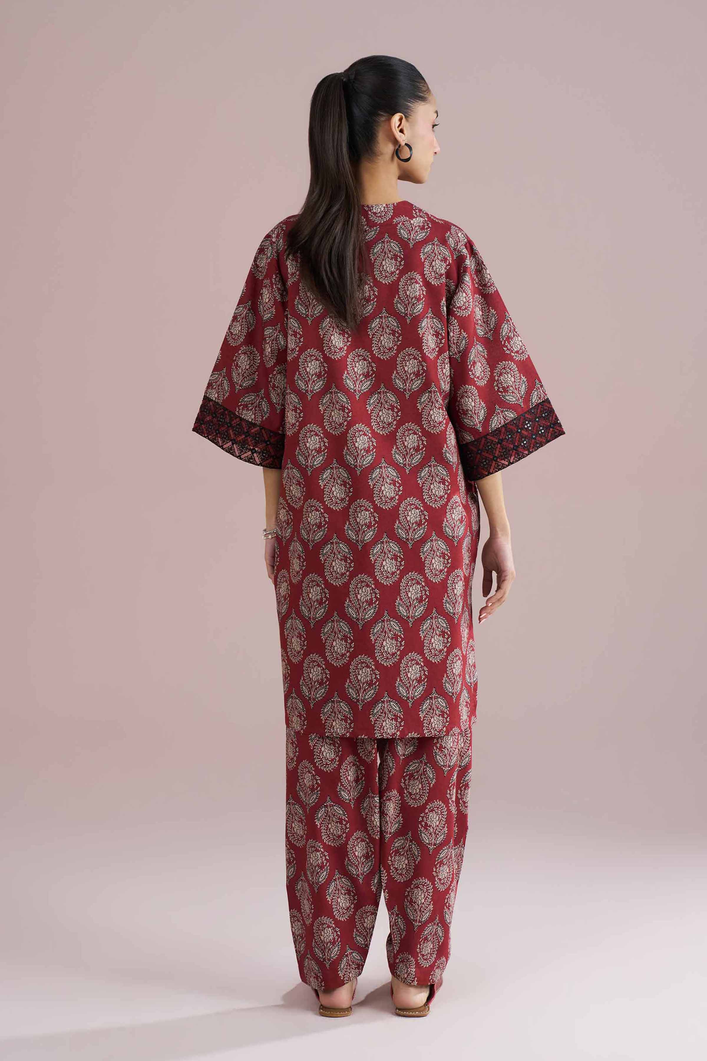 2 Piece - Printed Embroidered Suit - PE26-203 Red Cambric 2PC Embroidered READY TO WEAR