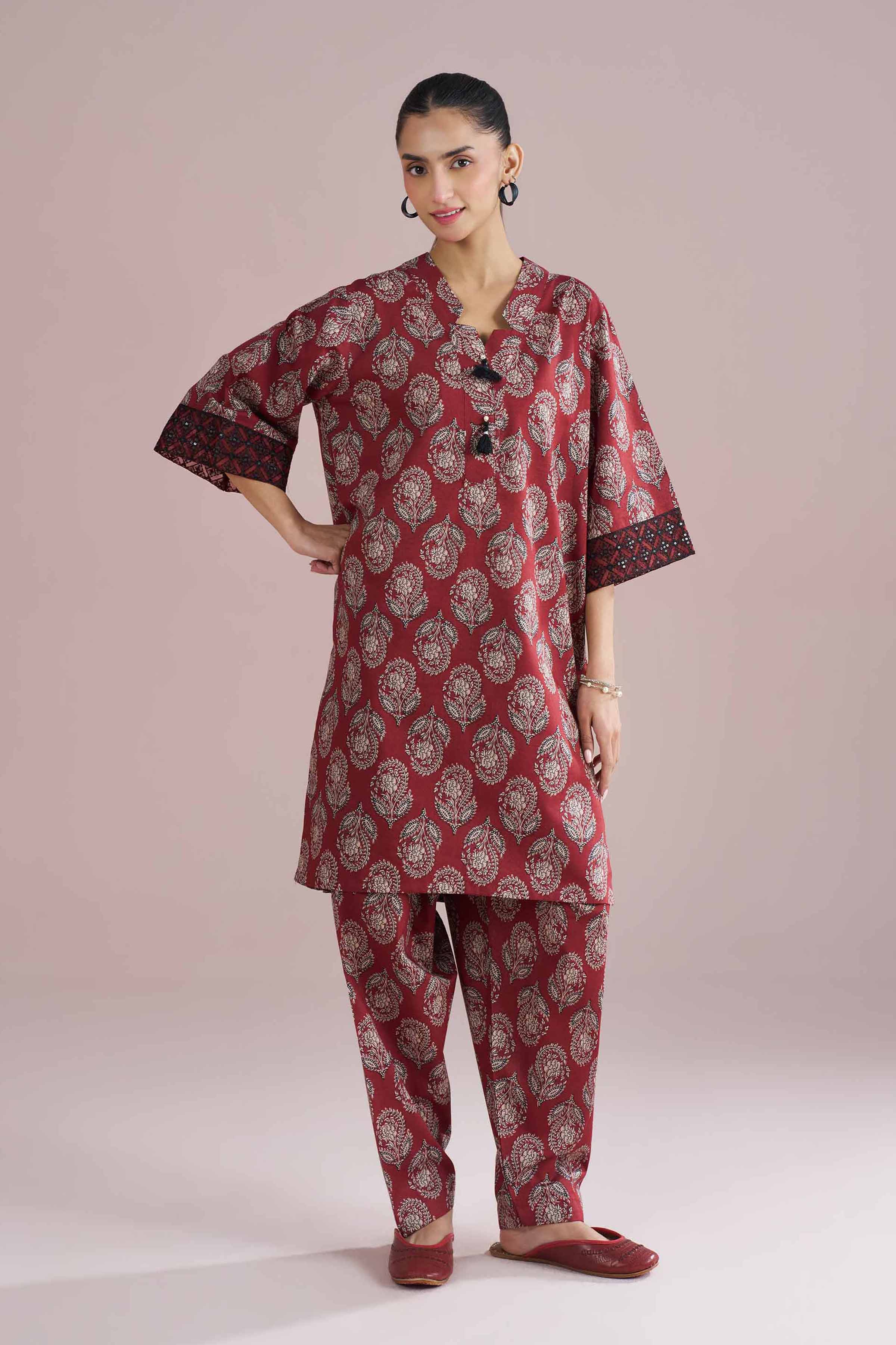 2 Piece - Printed Embroidered Suit - PE26-203 Red Cambric 2PC Embroidered READY TO WEAR