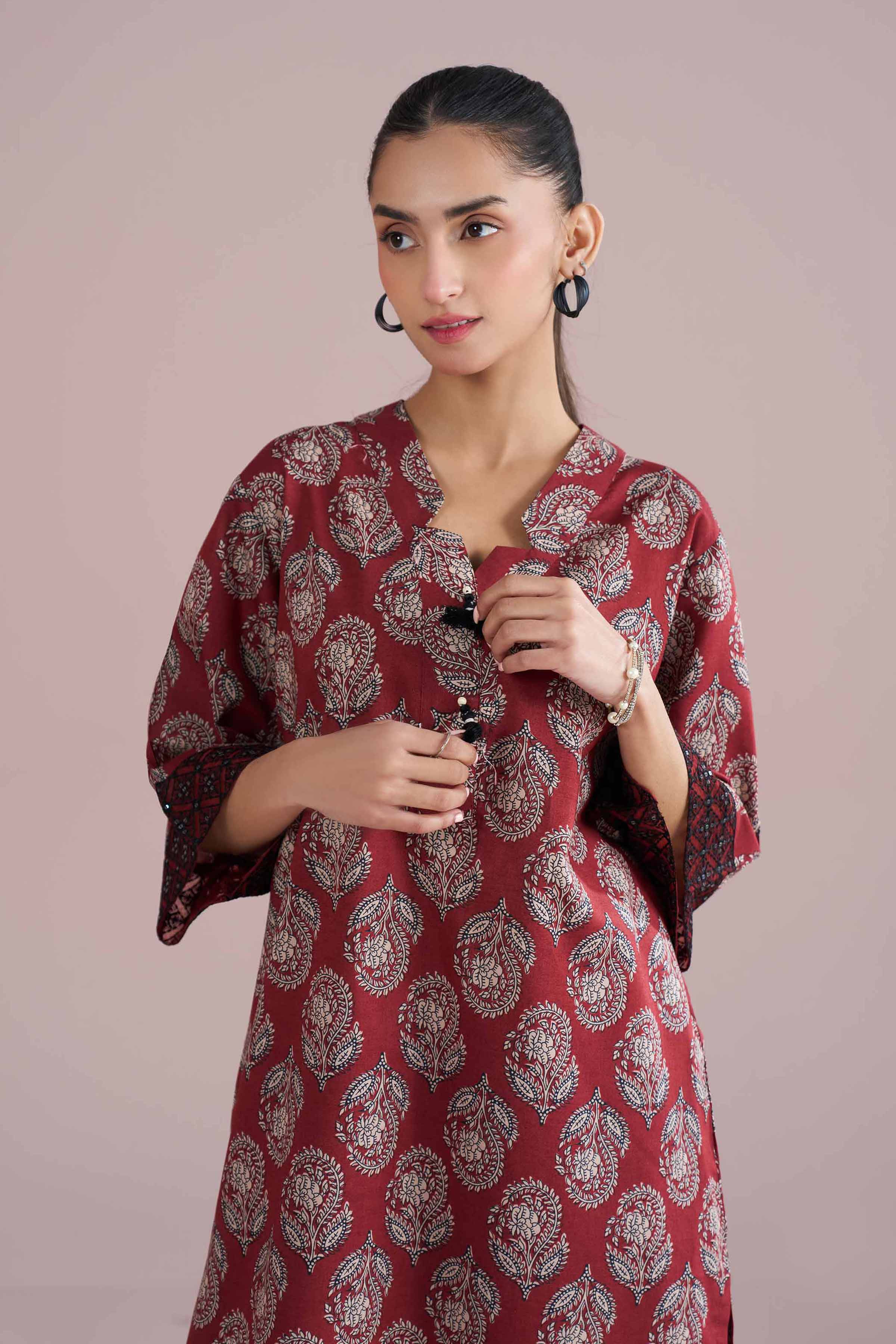 2 Piece - Printed Embroidered Suit - PE26-203 Red Cambric 2PC Embroidered READY TO WEAR