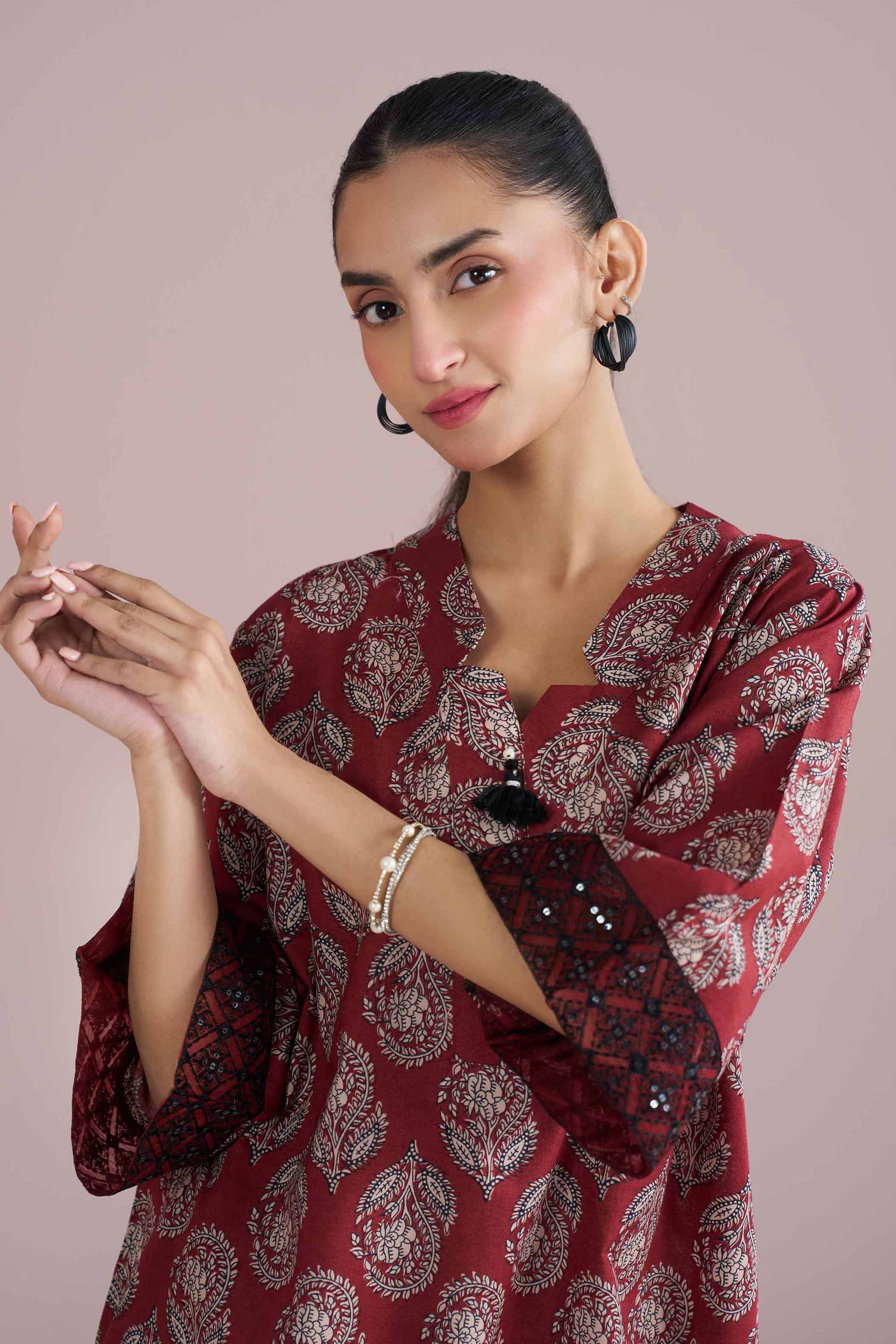 2 Piece - Printed Embroidered Suit - PE26-203 Red Cambric 2PC Embroidered READY TO WEAR