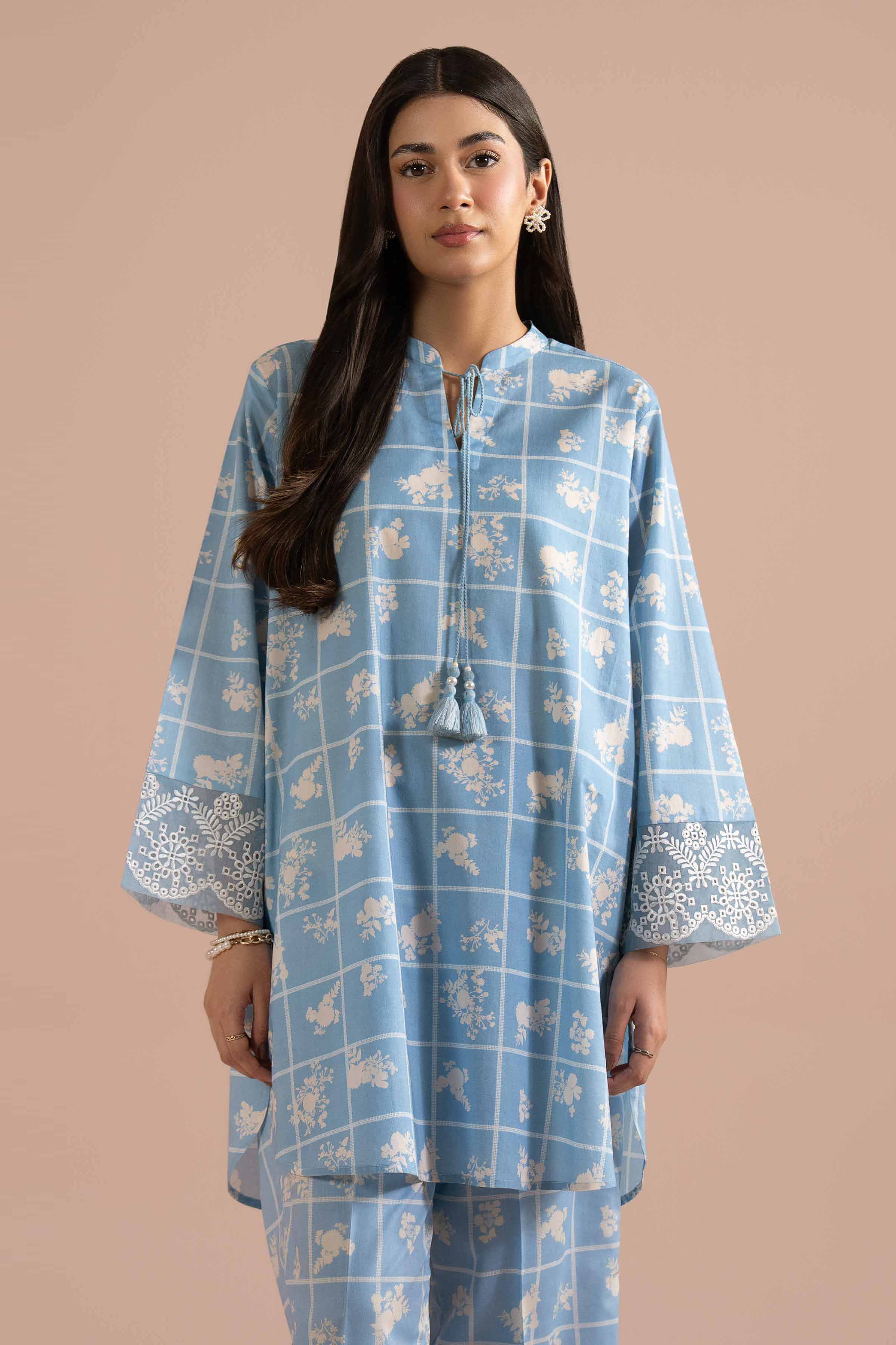 2 Piece - Printed Embroidered Suit - PE26-204 Blue Cambric 2PC Embroidered READY TO WEAR