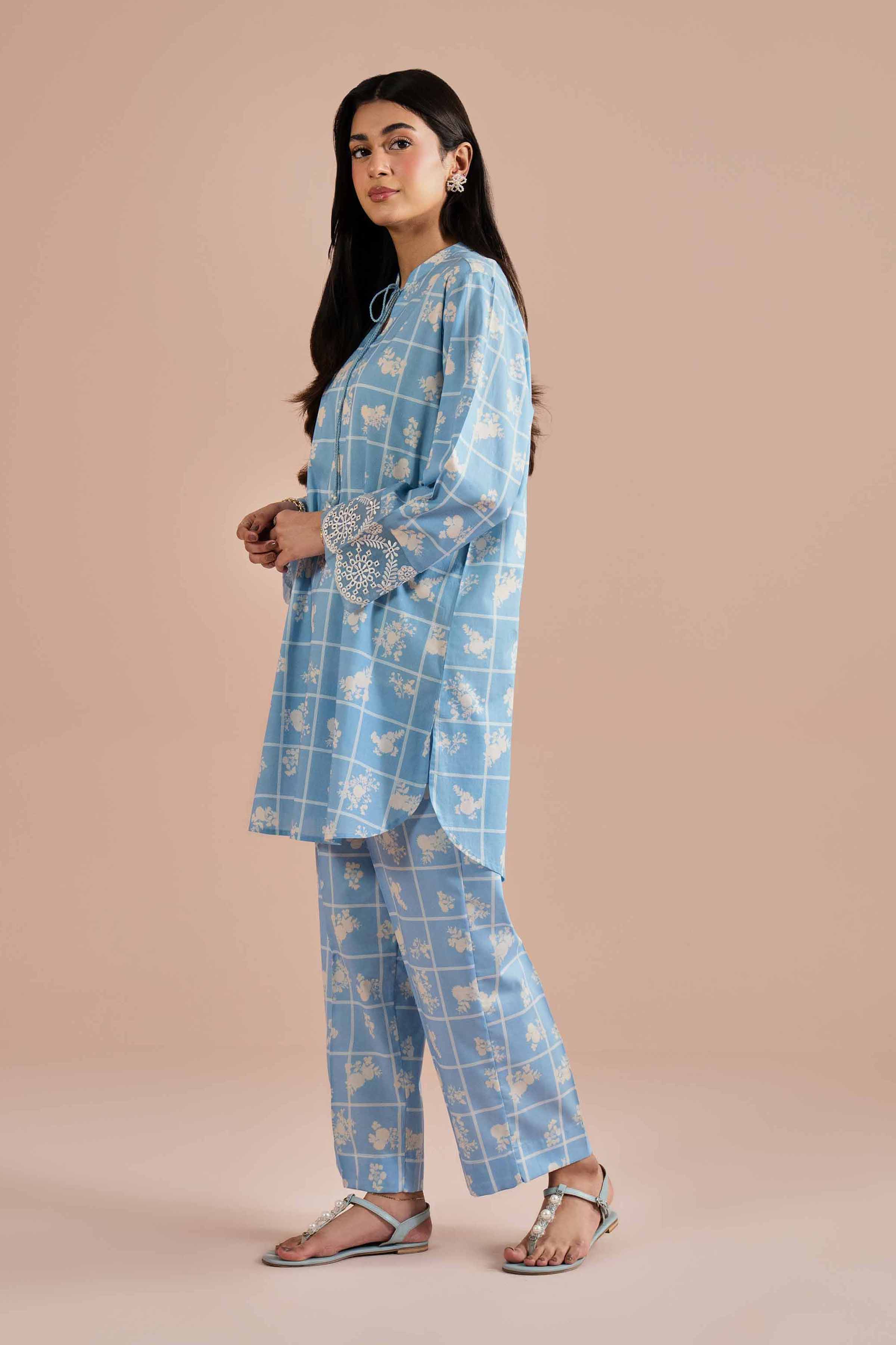 2 Piece - Printed Embroidered Suit - PE26-204 Blue Cambric 2PC Embroidered READY TO WEAR