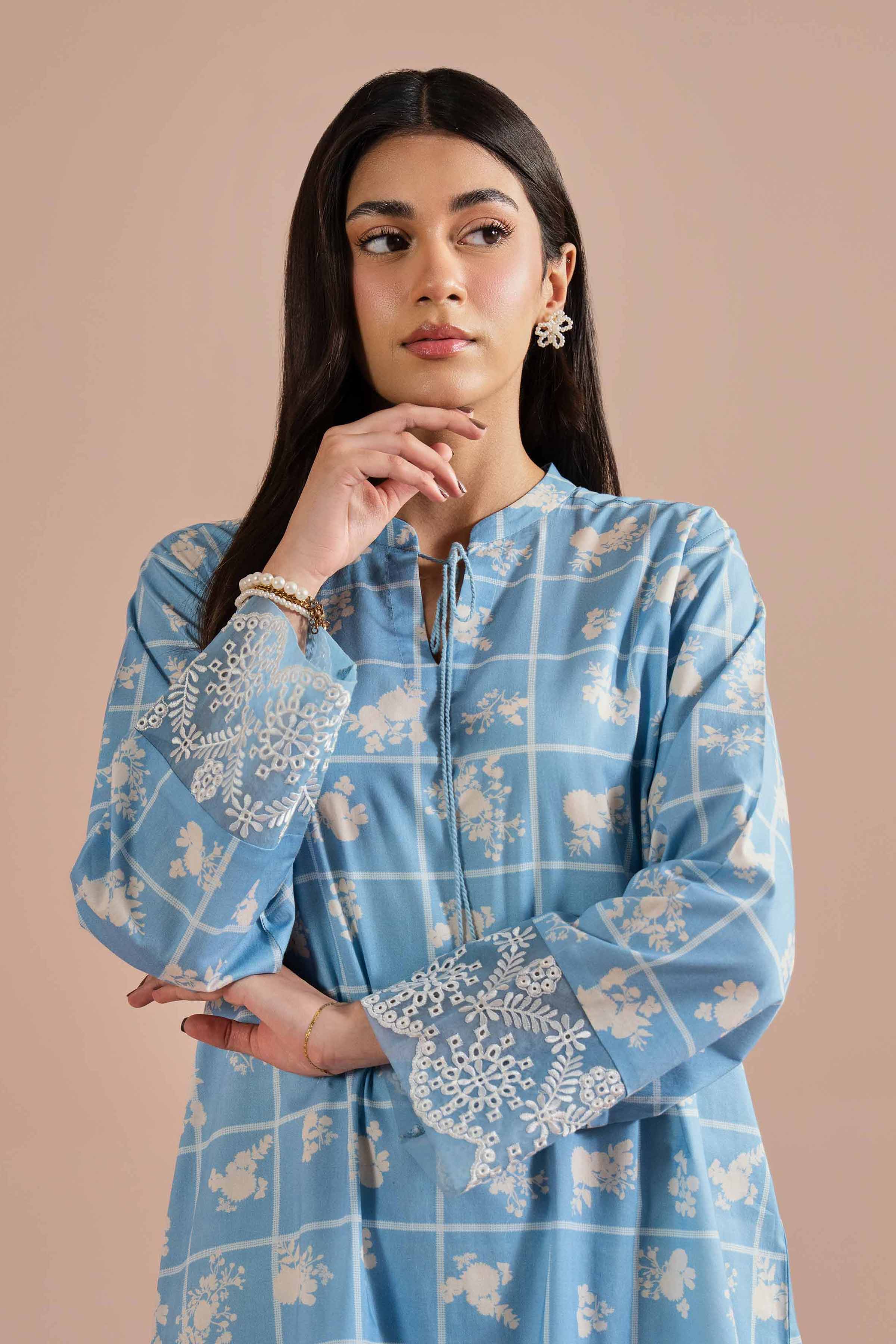 2 Piece - Printed Embroidered Suit - PE26-204 Blue Cambric 2PC Embroidered READY TO WEAR