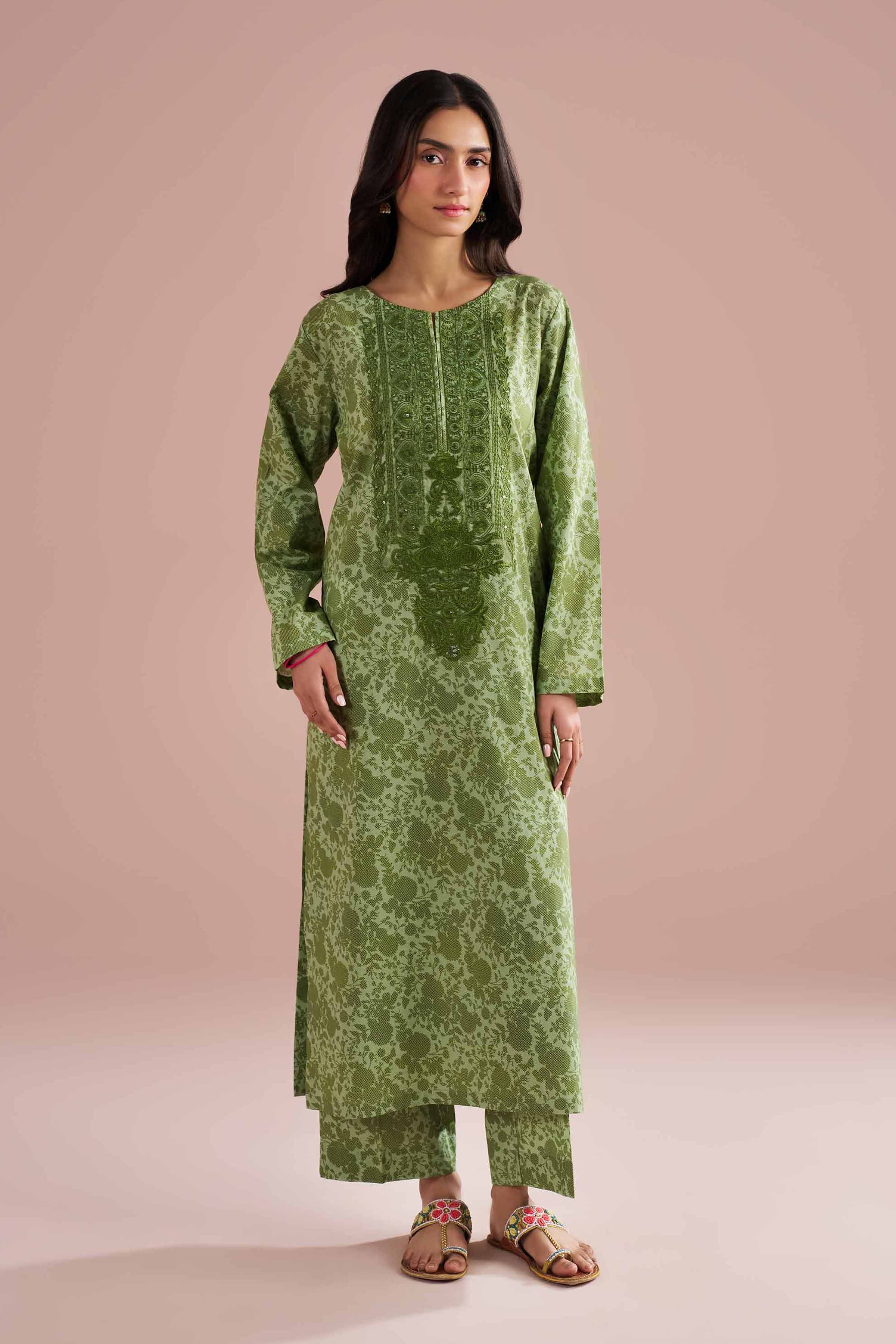 2 Piece - Printed Embroidered Suit - PE26-205 Green Cambric 2PC Embroidered READY TO WEAR