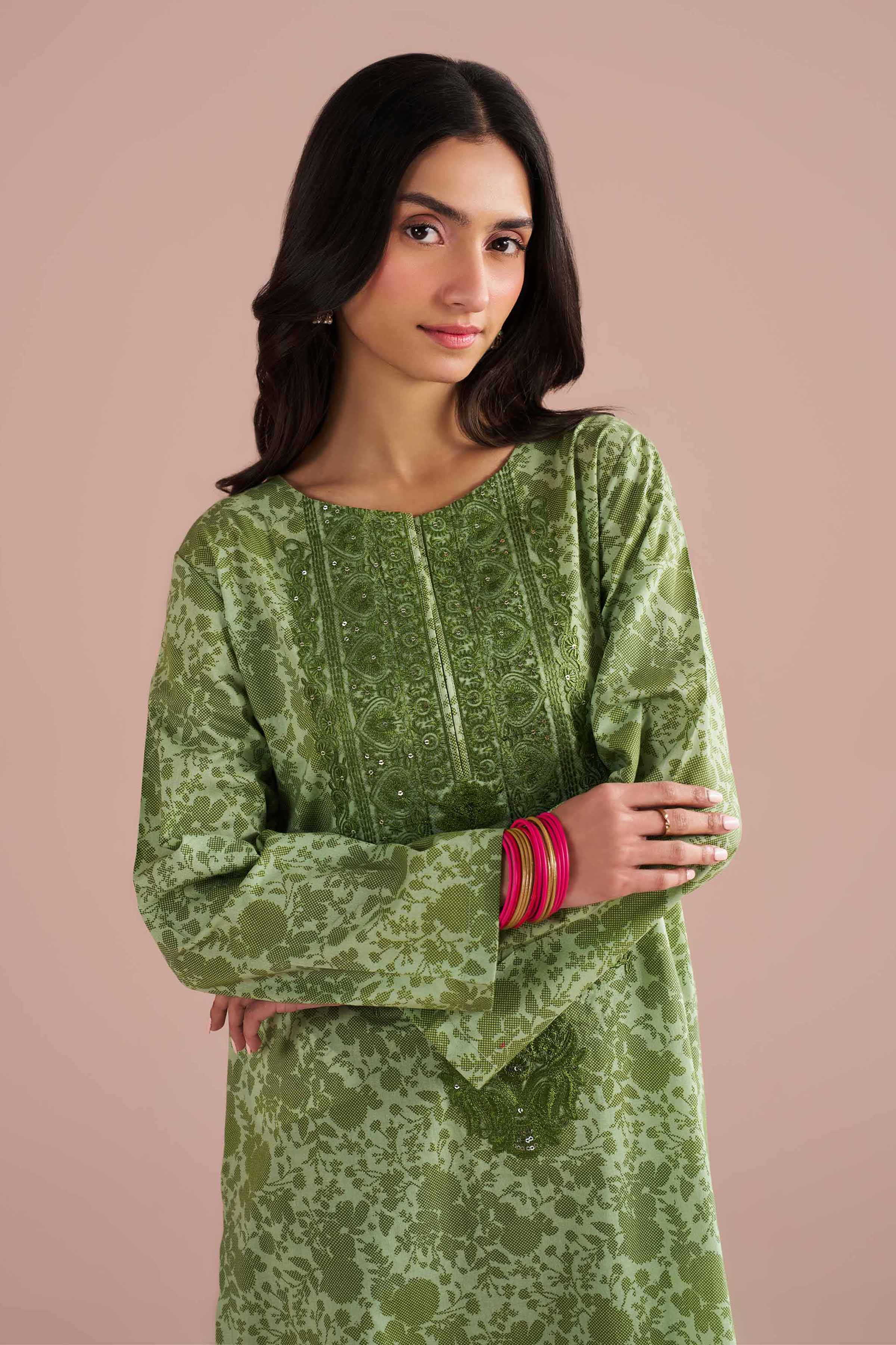 2 Piece - Printed Embroidered Suit - PE26-205 Green Cambric 2PC Embroidered READY TO WEAR