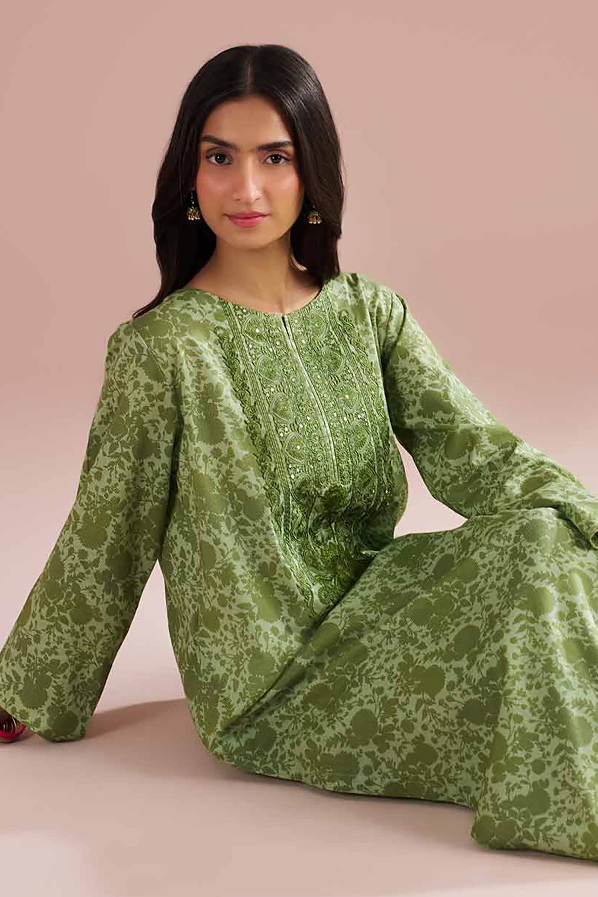 2 Piece - Printed Embroidered Suit - PE26-205 Green Cambric 2PC Embroidered READY TO WEAR