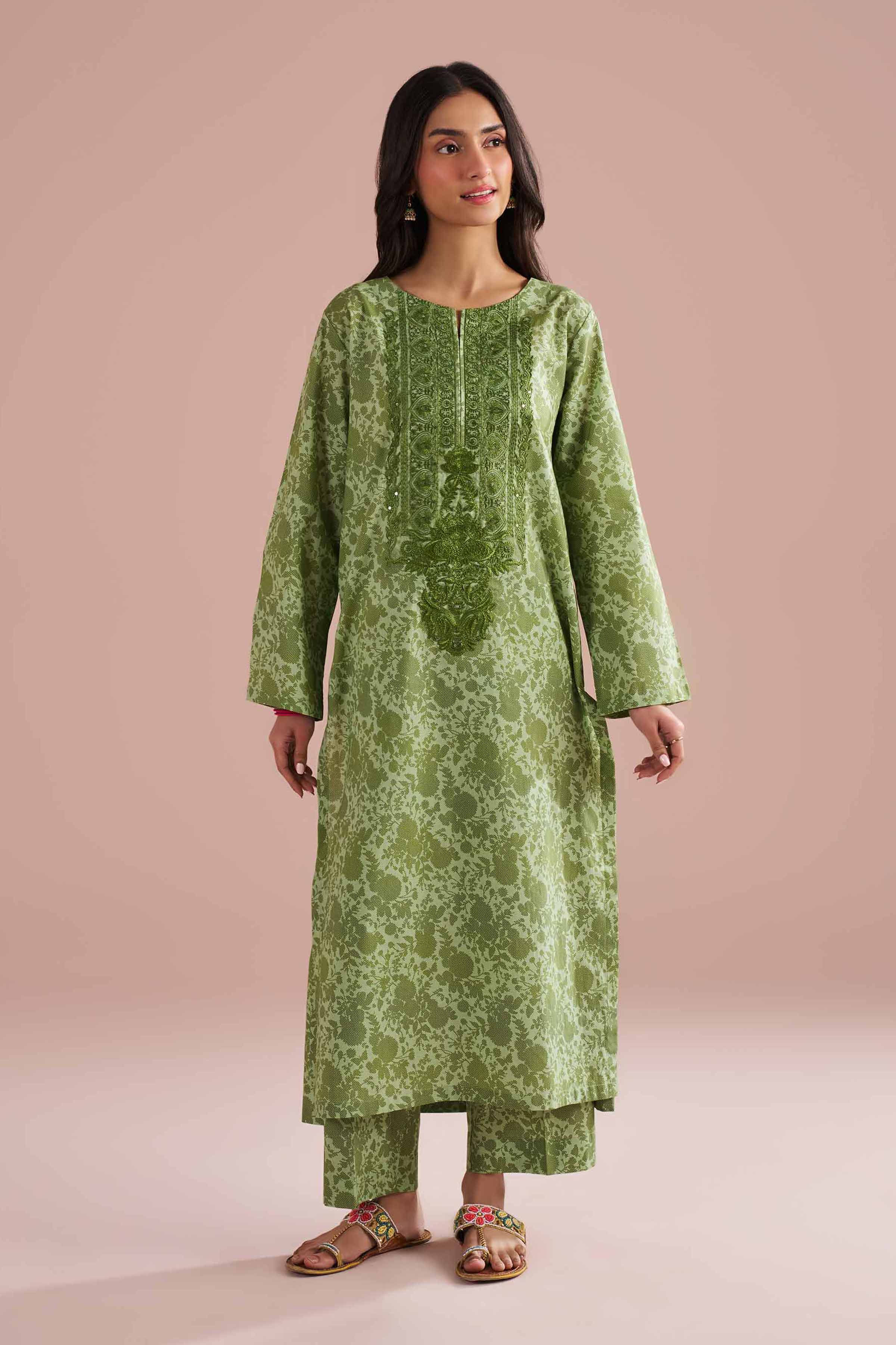 2 Piece - Printed Embroidered Suit - PE26-205 Green Cambric 2PC Embroidered READY TO WEAR