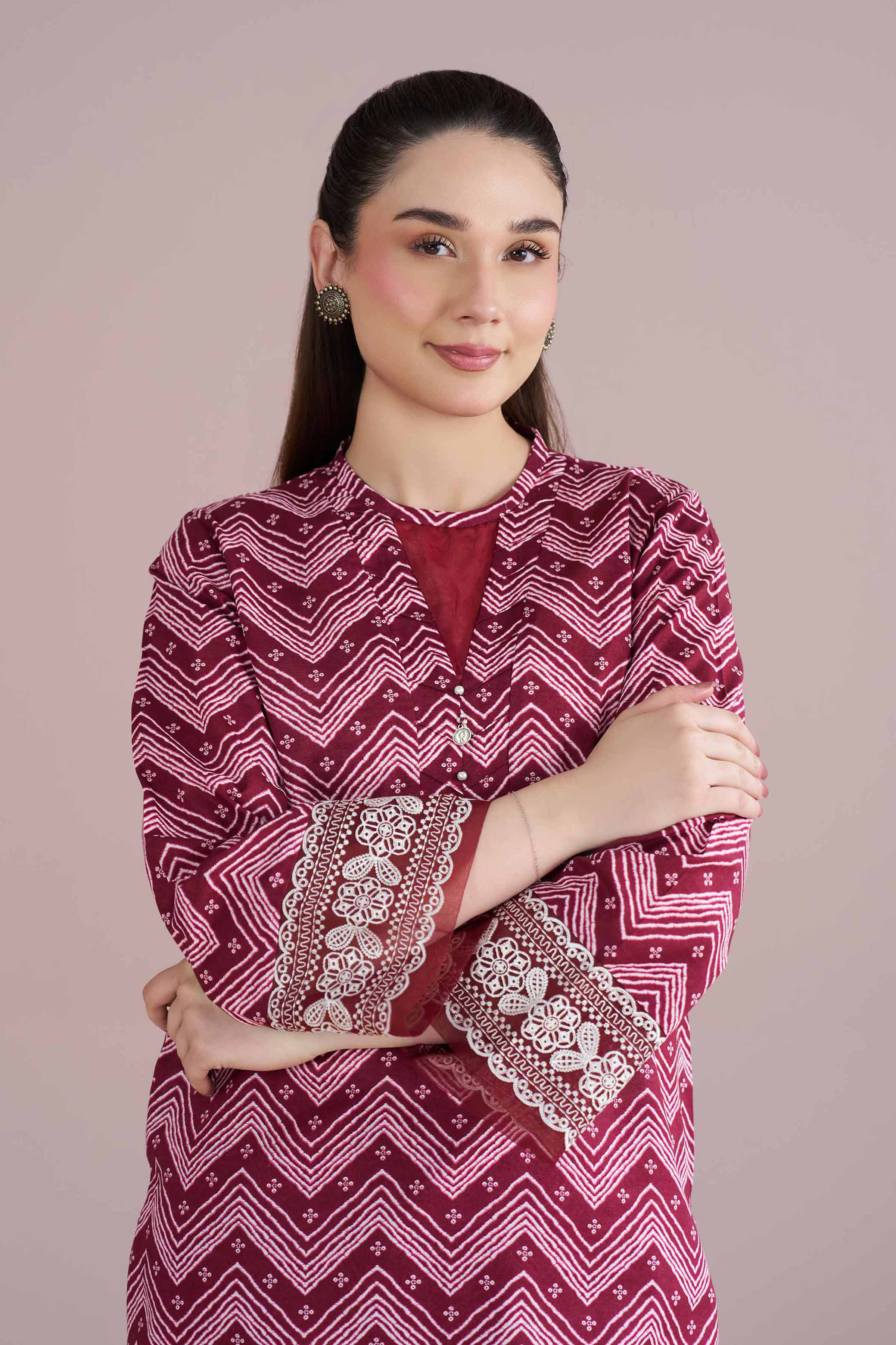 2 Piece - Printed Embroidered Suit - PE26-206 Red Cambric 2PC Embroidered READY TO WEAR