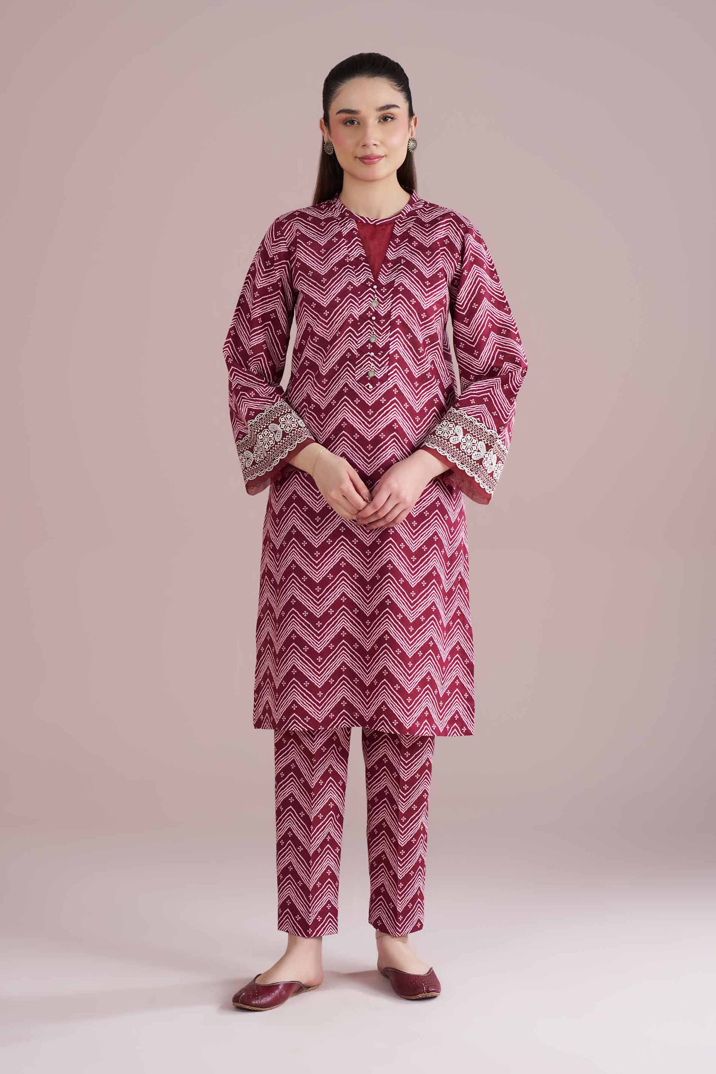 2 Piece - Printed Embroidered Suit - PE26-206 Red Cambric 2PC Embroidered READY TO WEAR