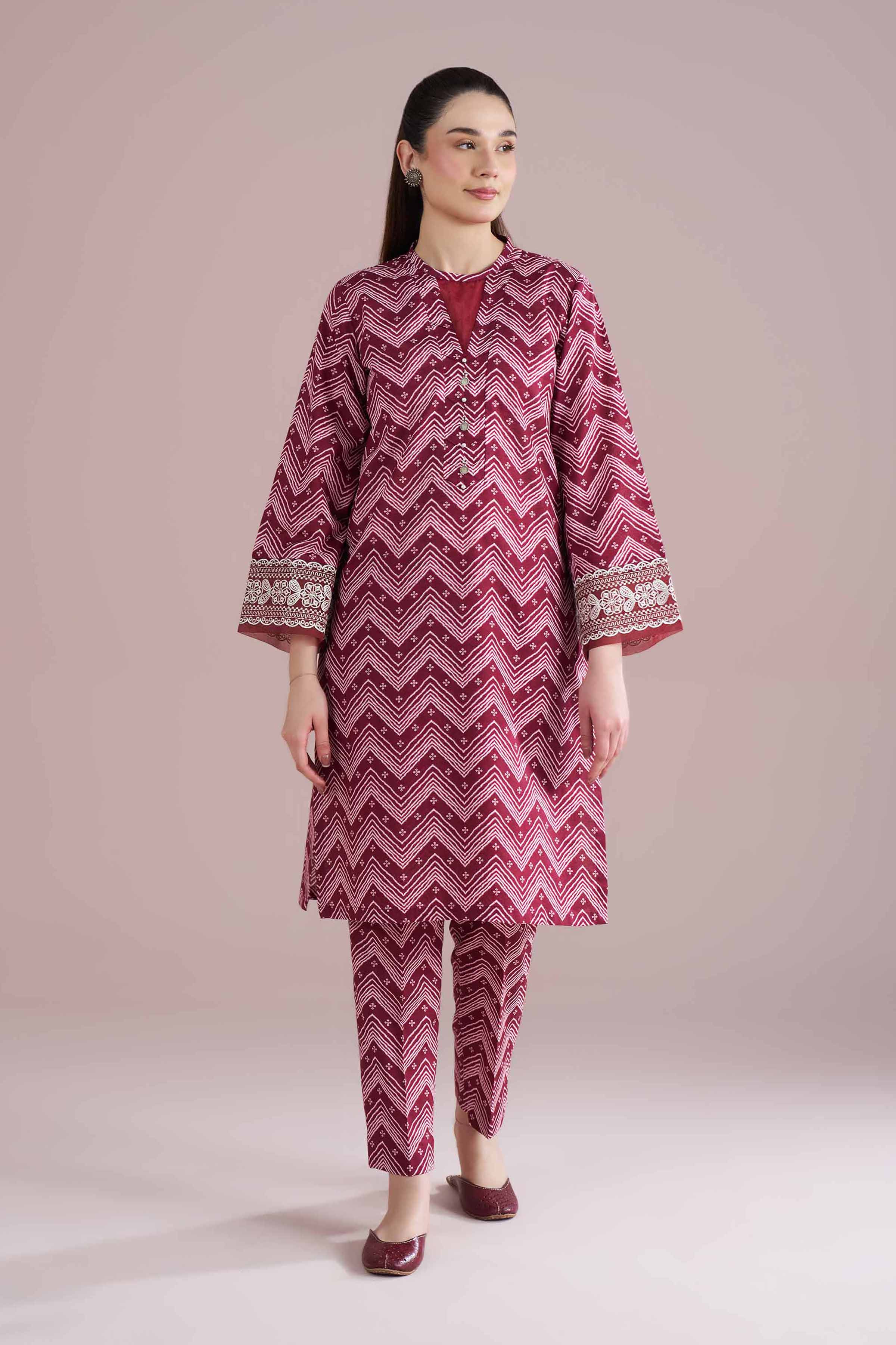 2 Piece - Printed Embroidered Suit - PE26-206 Red Cambric 2PC Embroidered READY TO WEAR