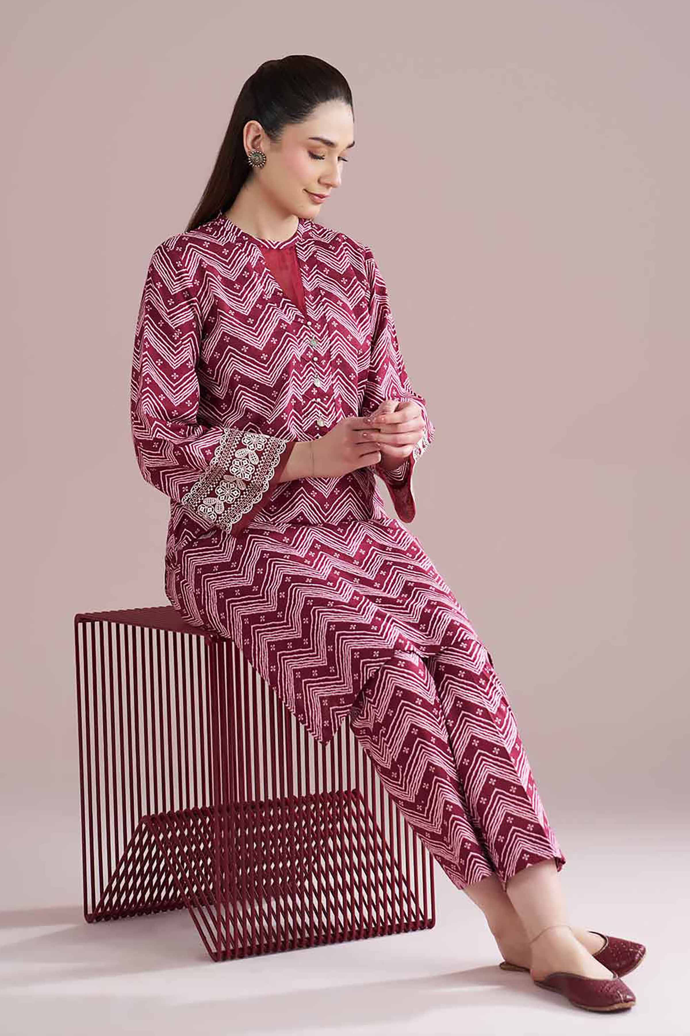 2 Piece - Printed Embroidered Suit - PE26-206 Red Cambric 2PC Embroidered READY TO WEAR