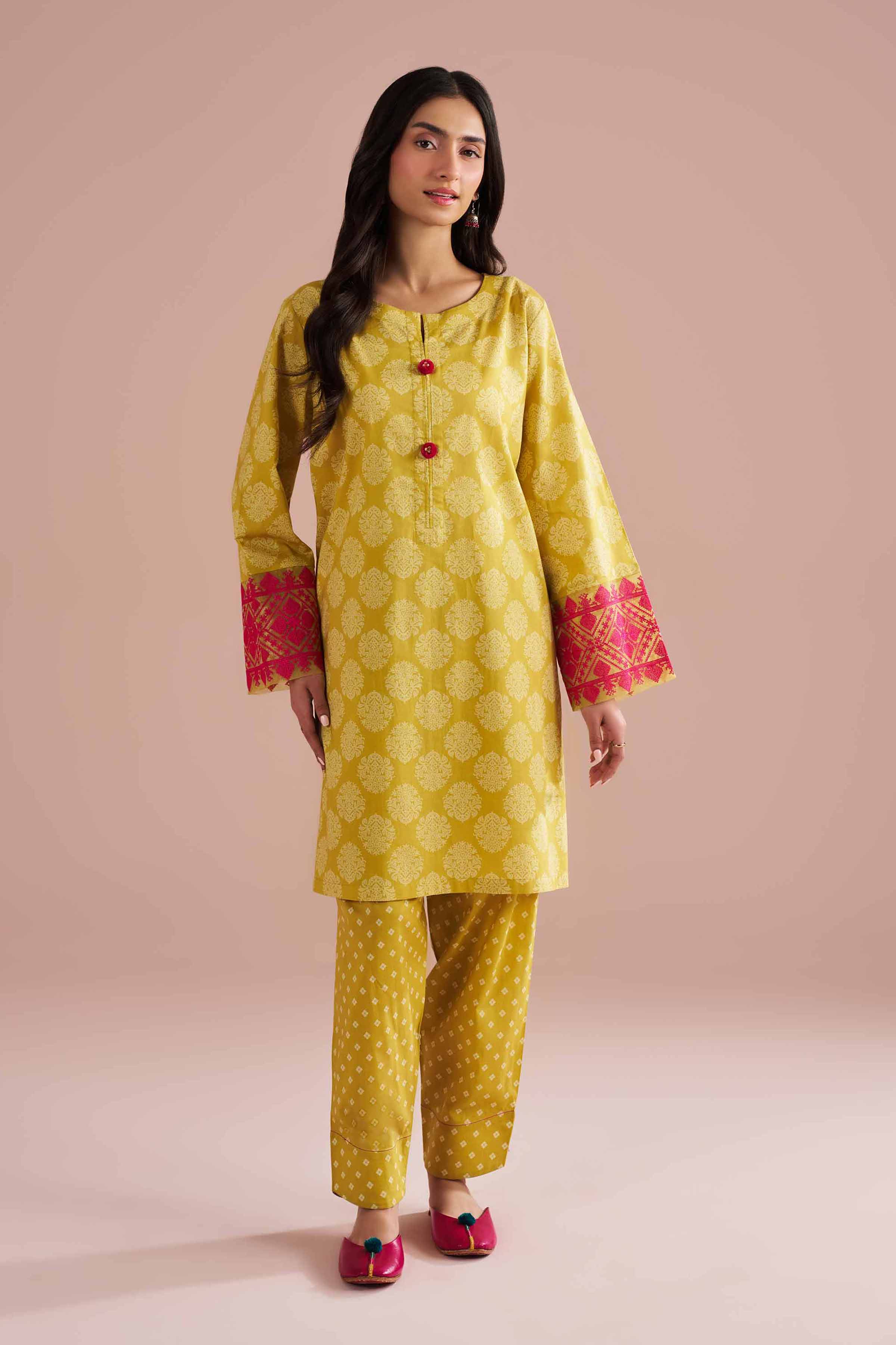 2 Piece - Printed Embroidered Suit - PE26-208 Yellow Cambric 2PC Embroidered READY TO WEAR