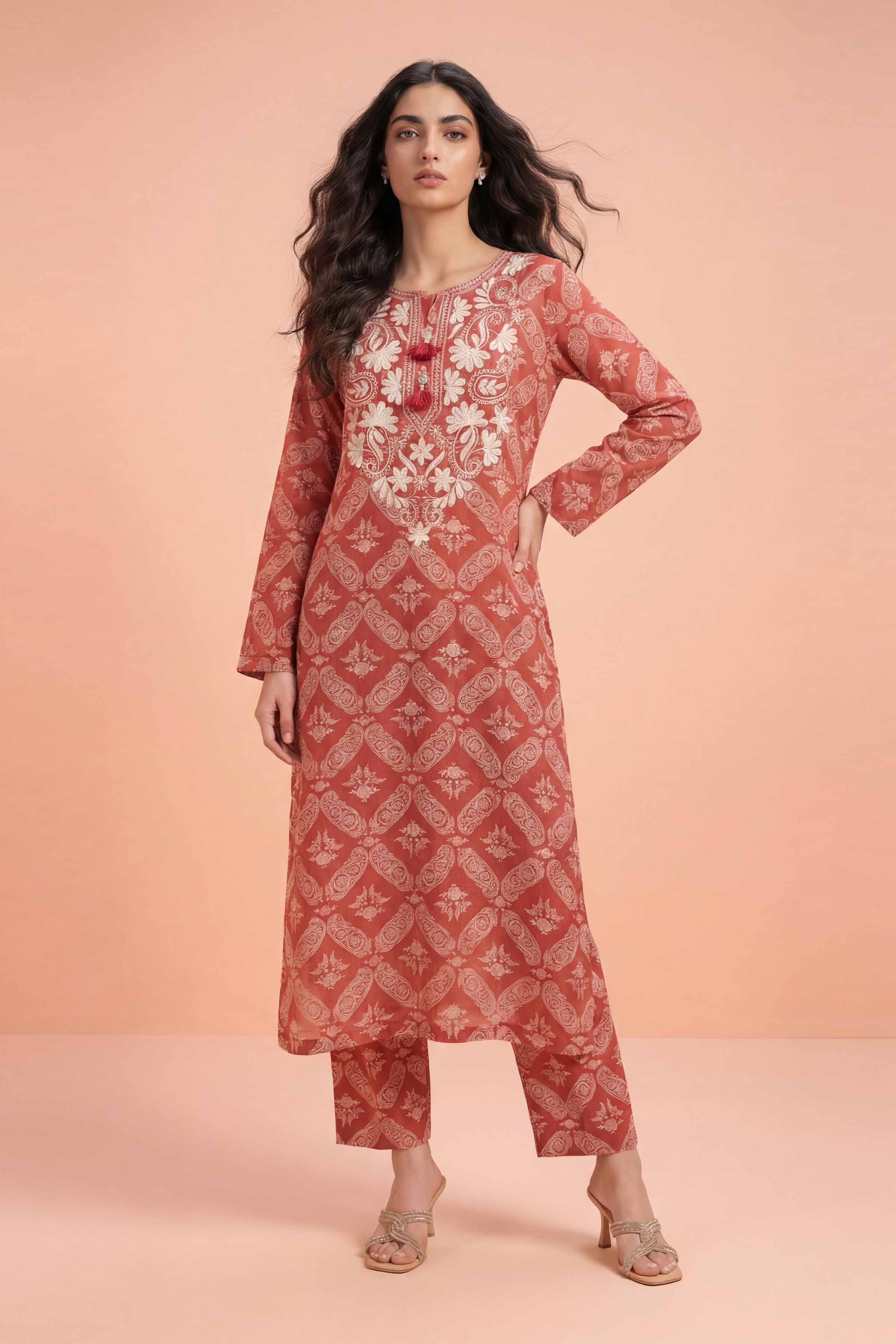 2 Piece - Embroidered Suit - PE26-210 Orange Cambric  Embroidered 