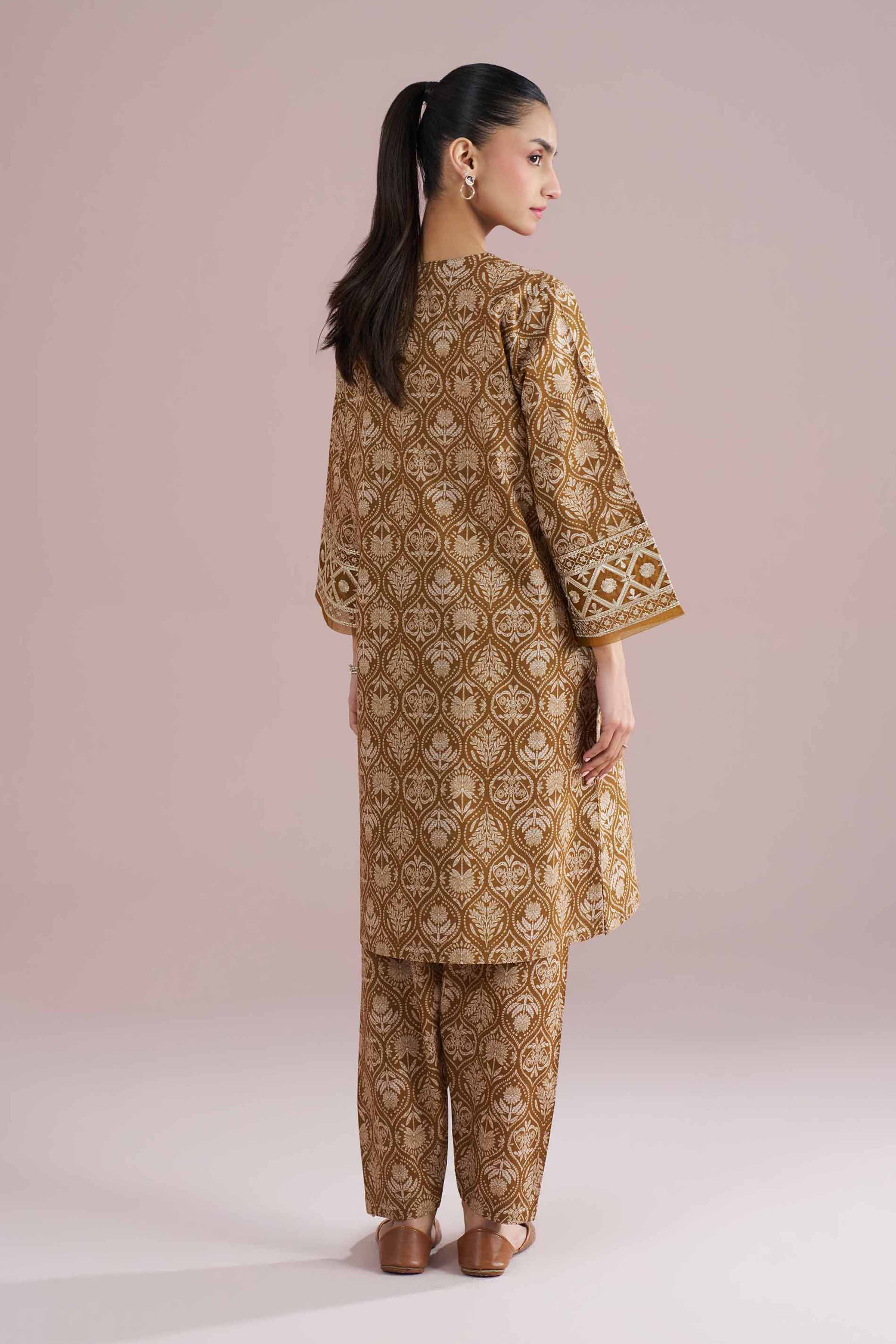 2 Piece - Printed Embroidered Suit - PE26-212 Brown Cambric 2PC Embroidered READY TO WEAR