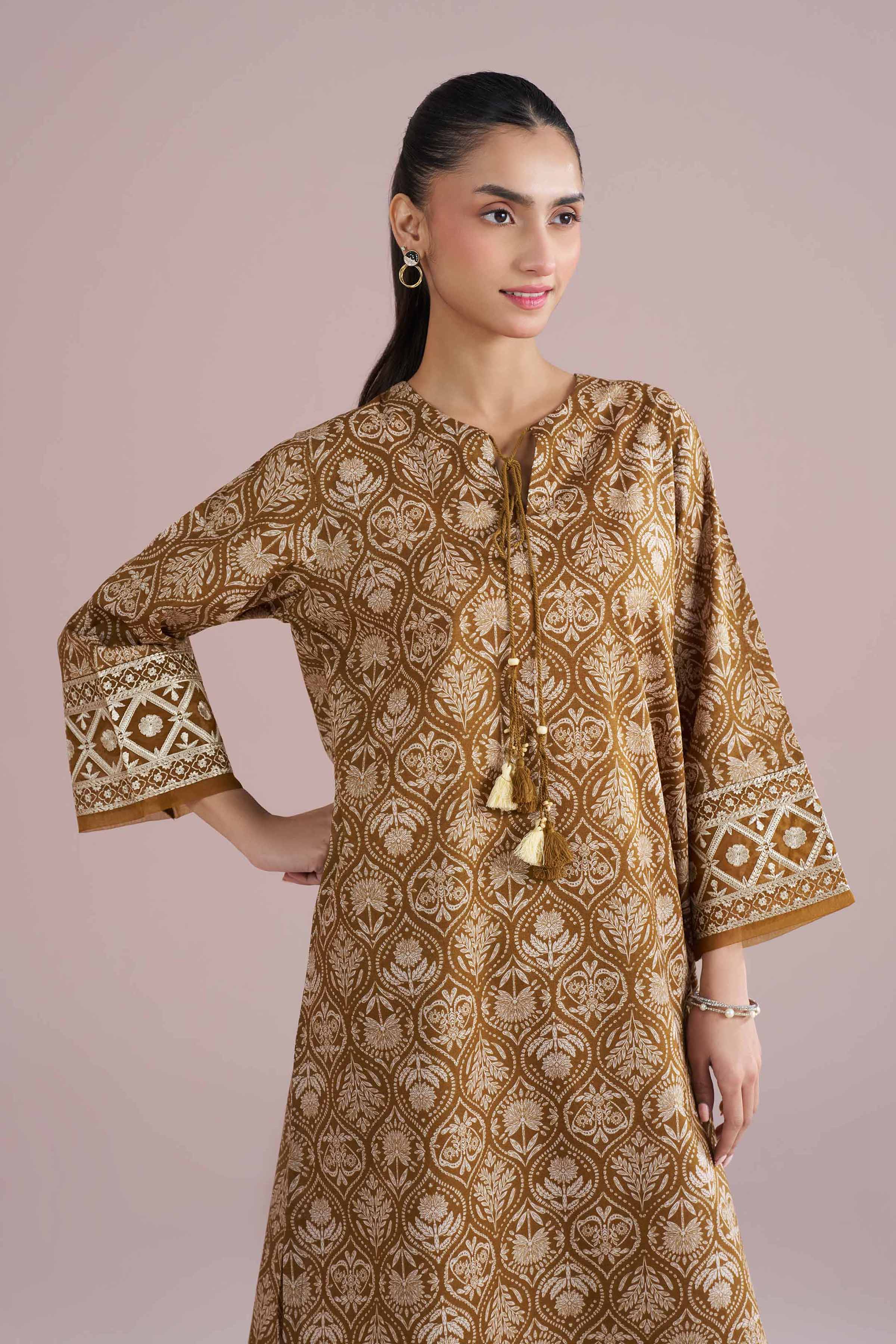 2 Piece - Printed Embroidered Suit - PE26-212 Brown Cambric 2PC Embroidered READY TO WEAR