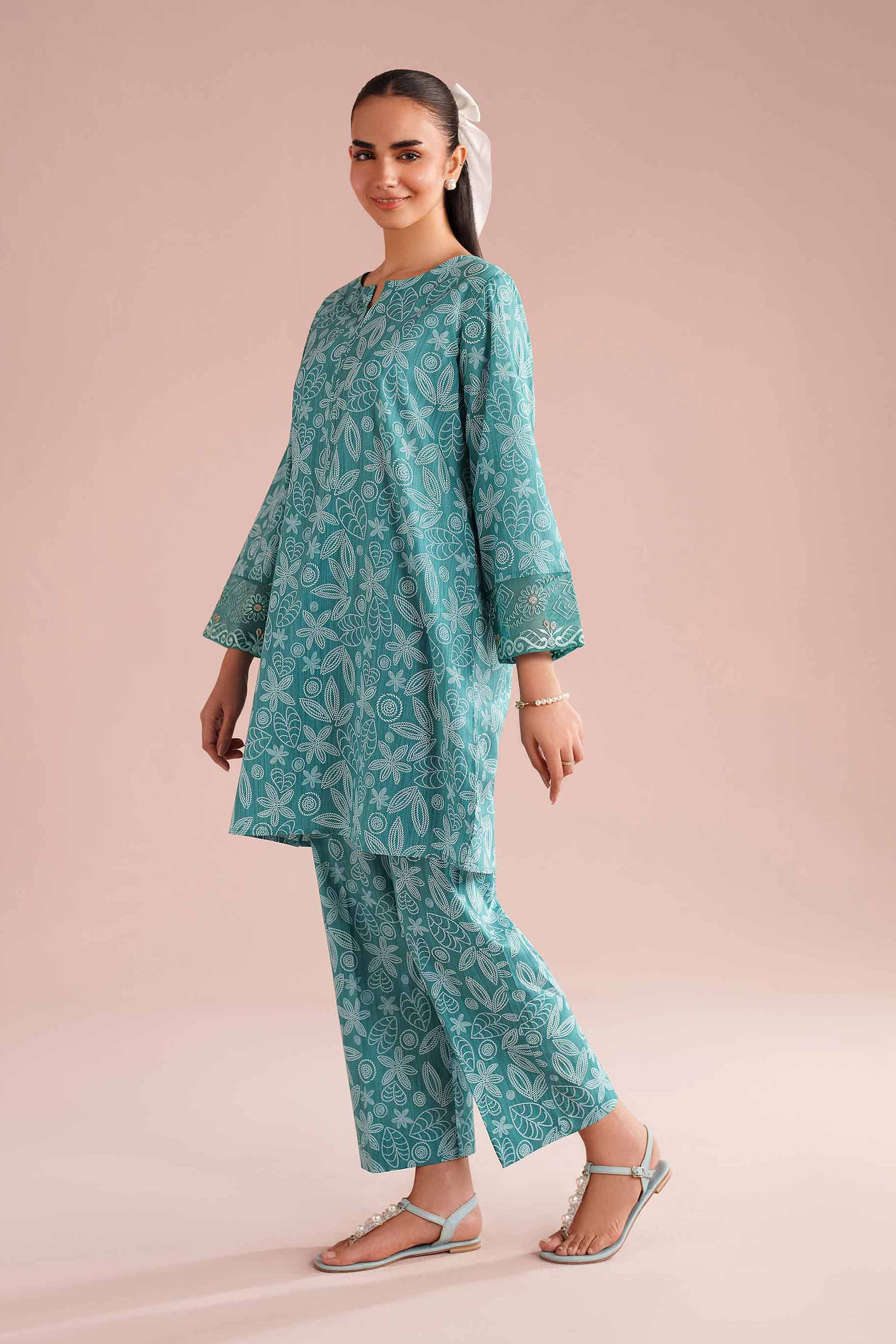 2 Piece - Printed Embroidered Suit - PE26-213 Green Cambric 2PC Embroidered READY TO WEAR