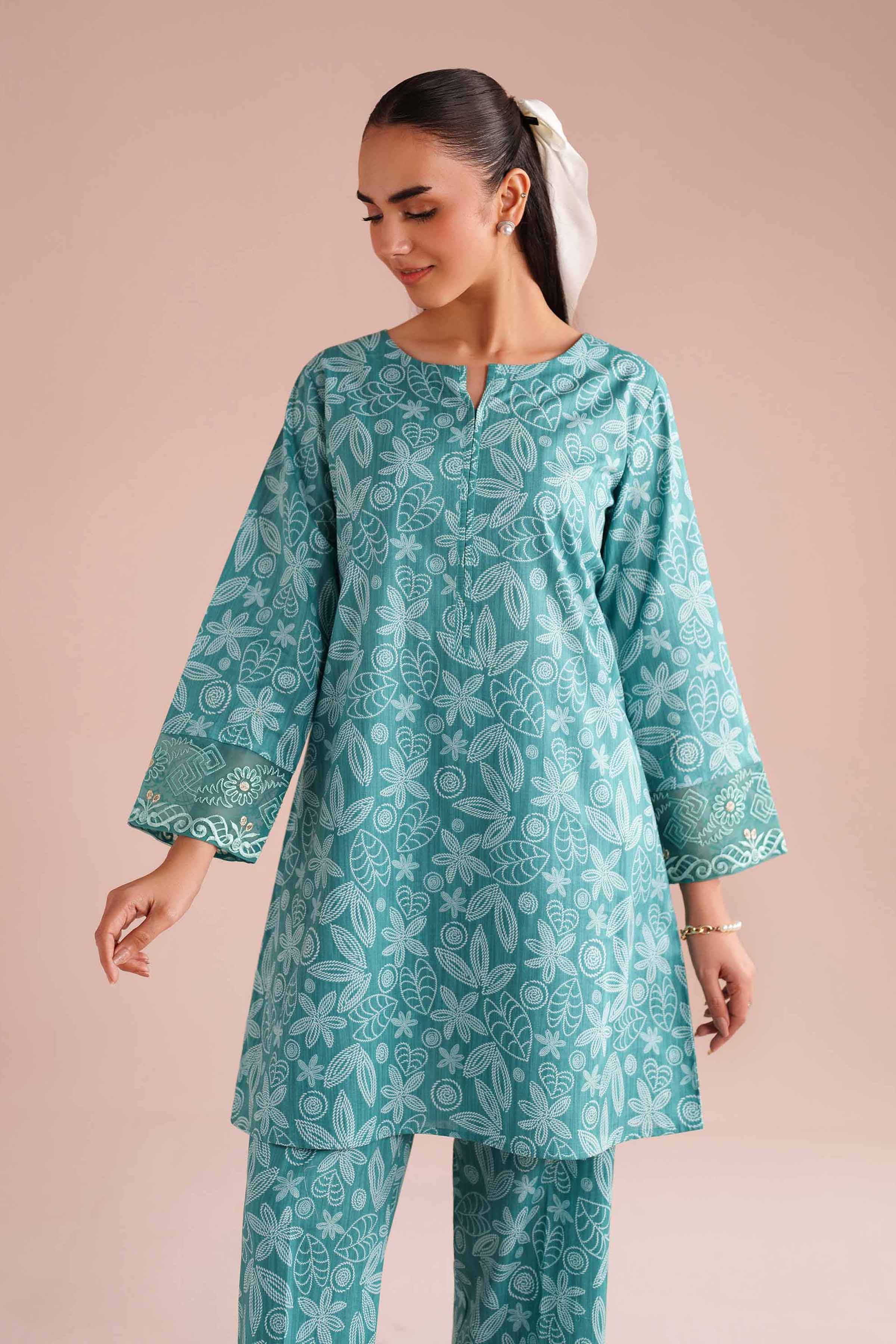 2 Piece - Printed Embroidered Suit - PE26-213 Green Cambric 2PC Embroidered READY TO WEAR