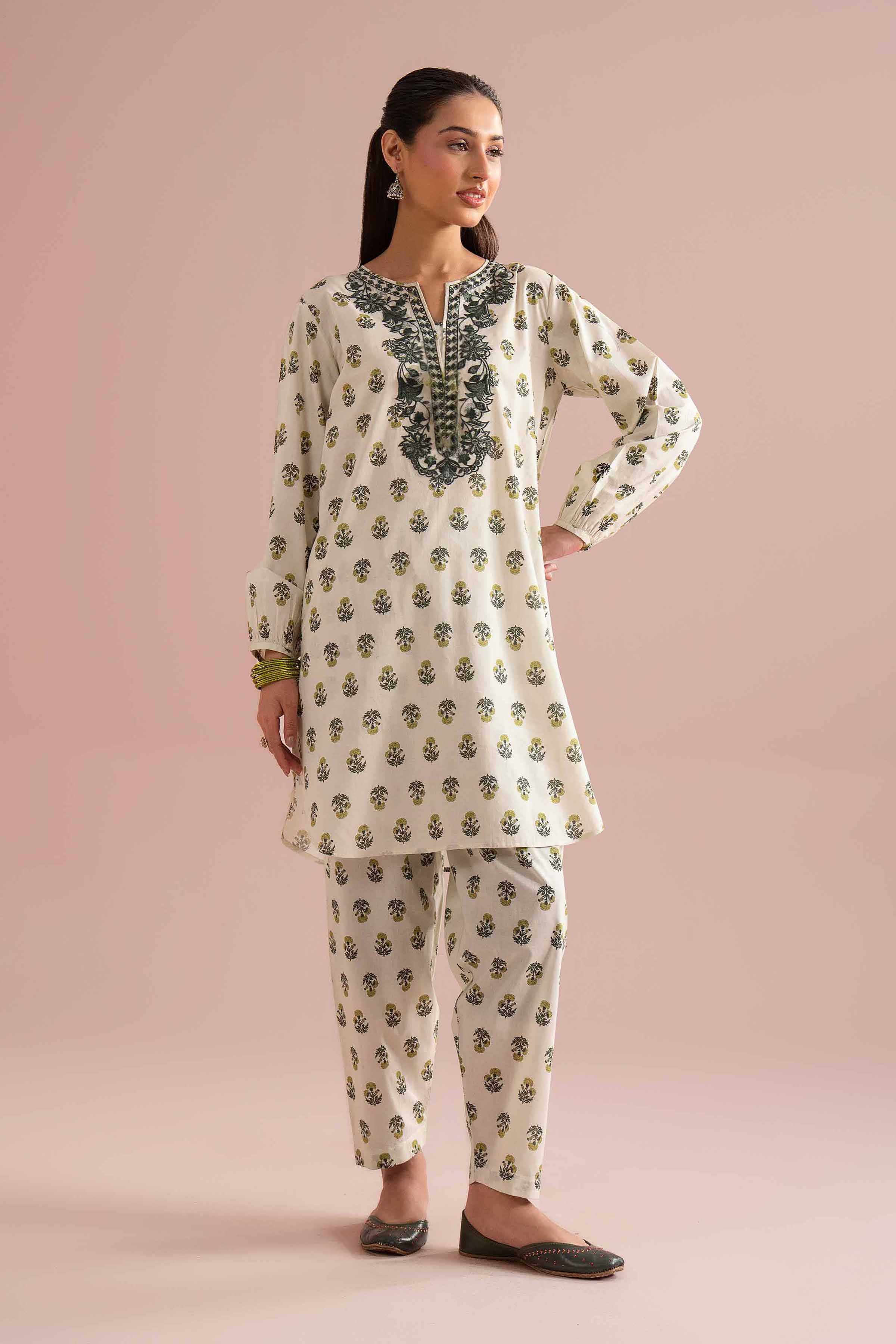 2 Piece - Printed Embroidered Suit - PE26-215 Green Cambric  Embroidered 