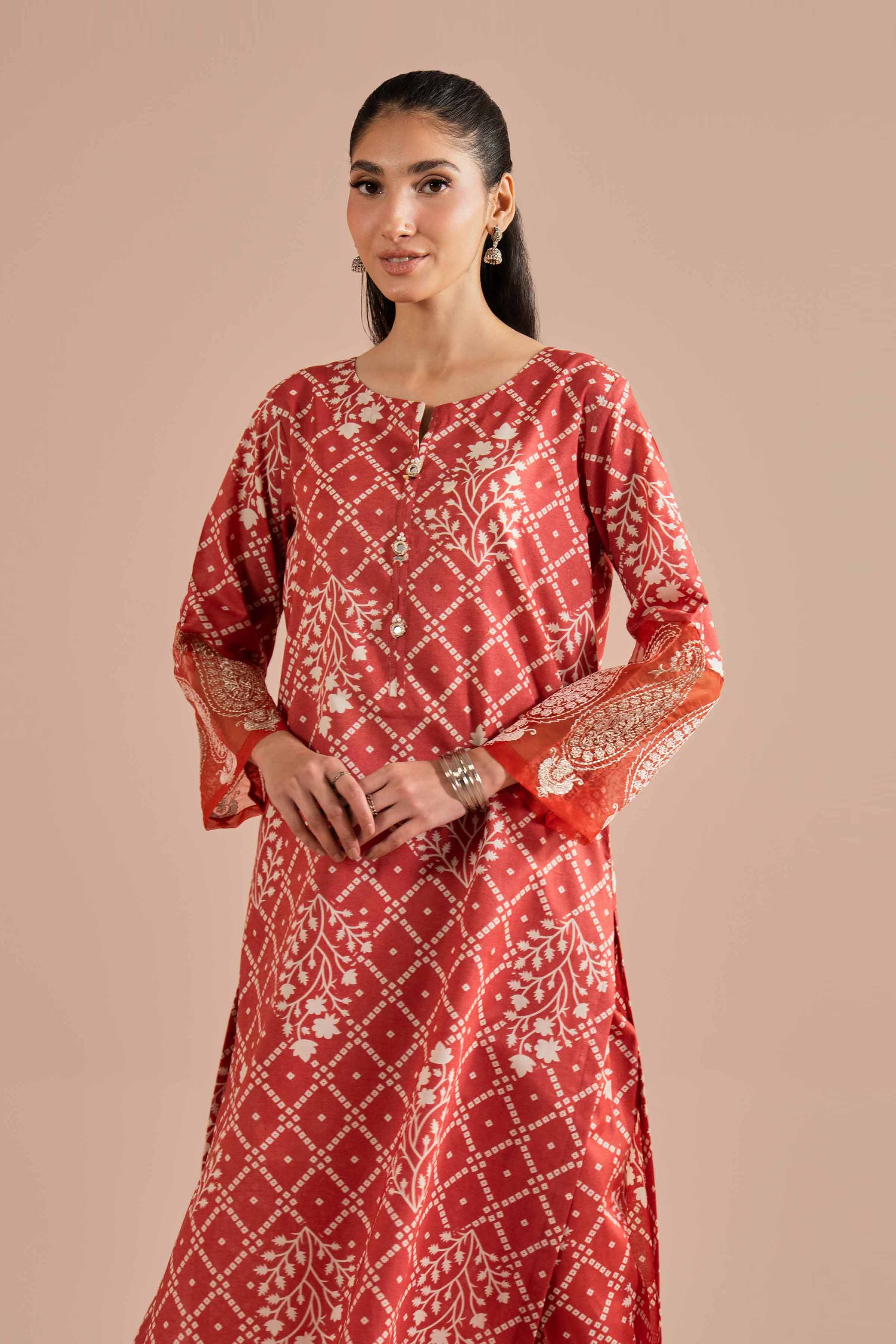 2 Piece - Printed Embroidered Suit - PE26-216 Orange Cambric 2PC Embroidered READY TO WEAR