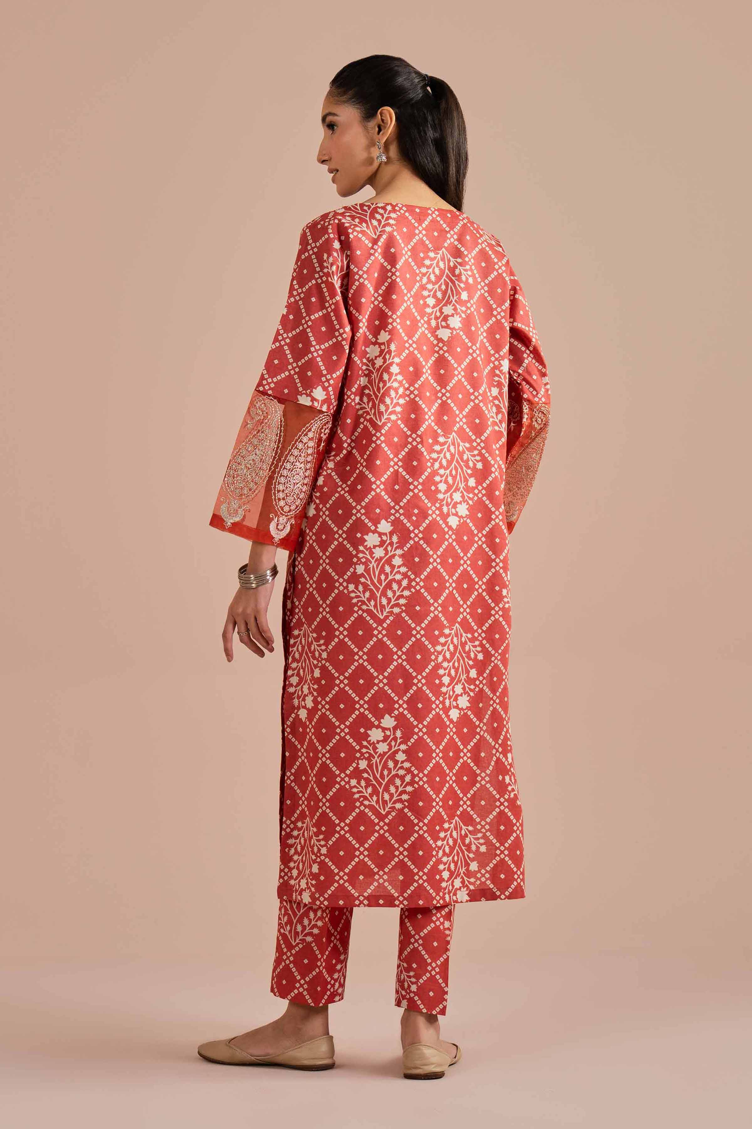 2 Piece - Printed Embroidered Suit - PE26-216 Orange Cambric 2PC Embroidered READY TO WEAR