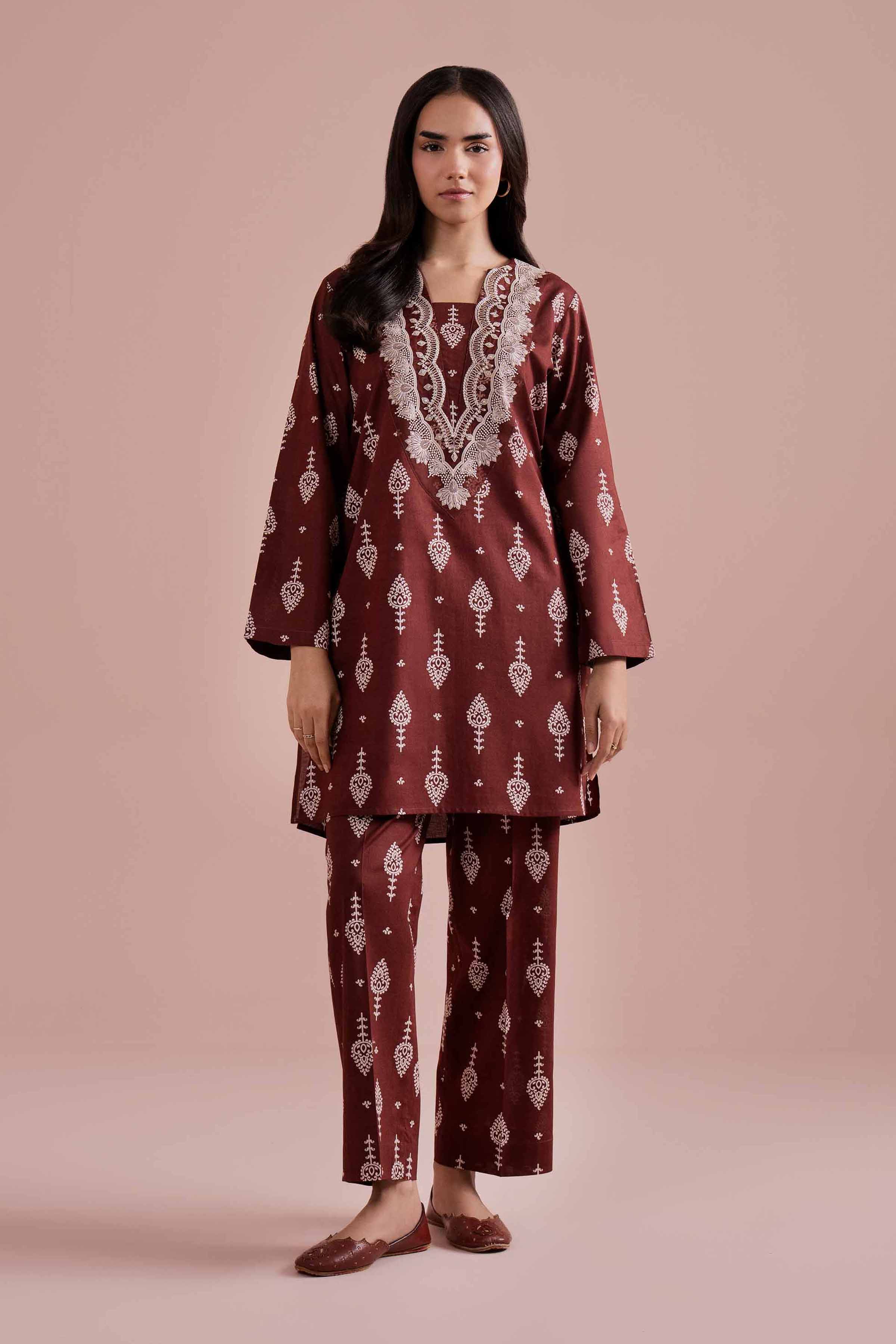 2 Piece - Printed Embroidered Suit - PE26-217 Brown Cambric 2PC Embroidered READY TO WEAR