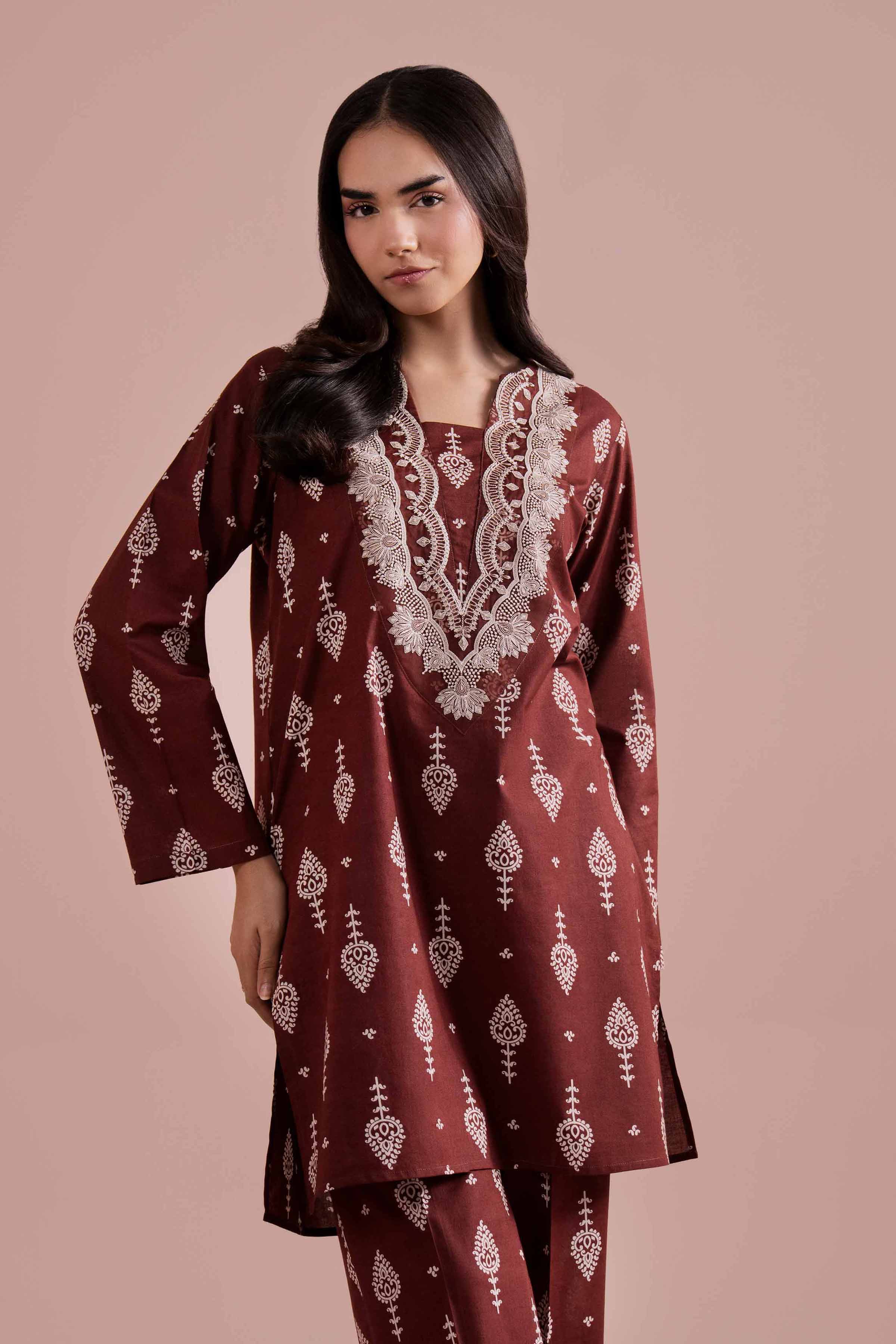 2 Piece - Printed Embroidered Suit - PE26-217 Brown Cambric 2PC Embroidered READY TO WEAR