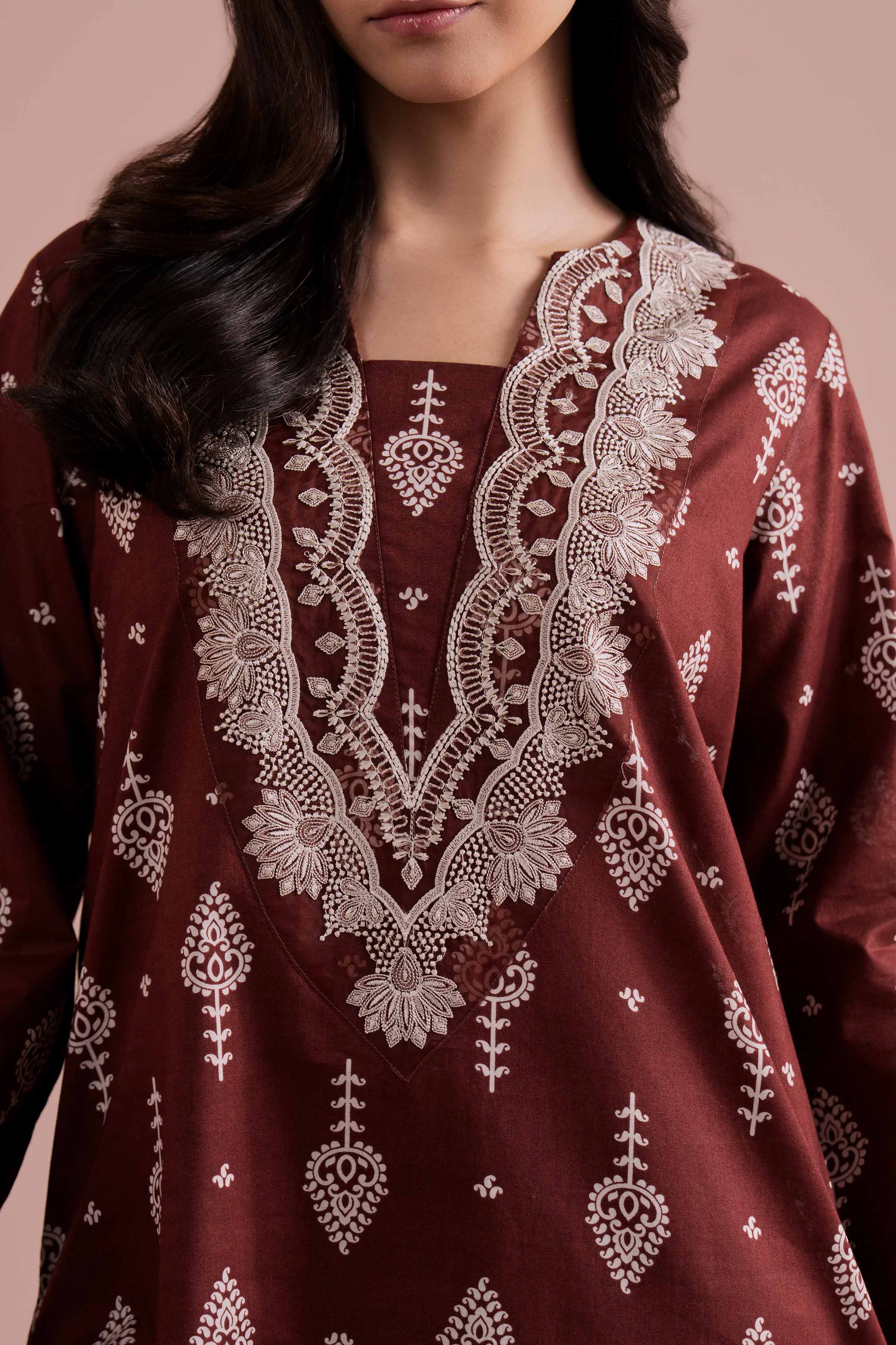 2 Piece - Printed Embroidered Suit - PE26-217 Brown Cambric 2PC Embroidered READY TO WEAR