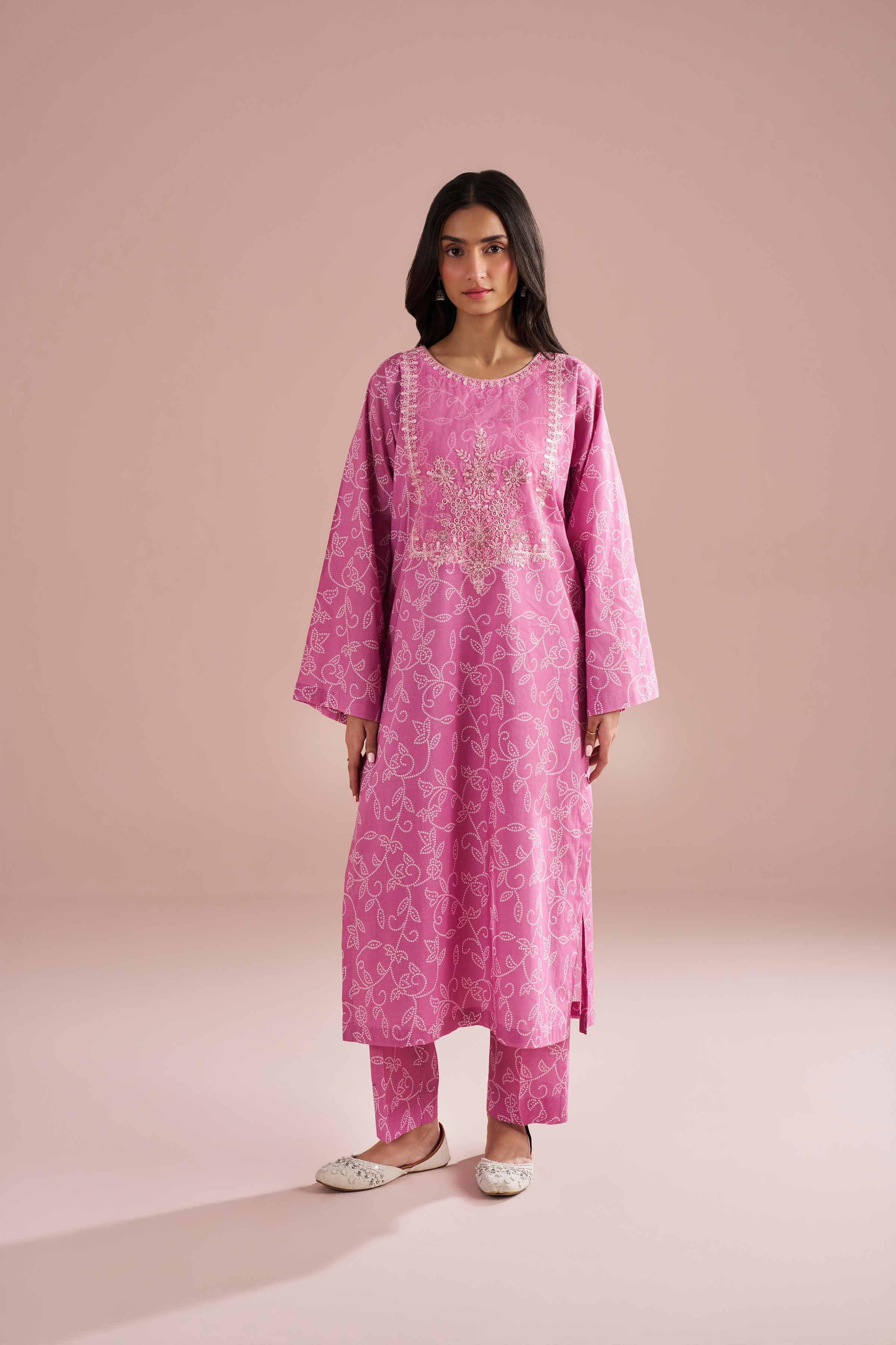 2 Piece - Printed Embroidered Suit - PE26-219 Pink Cambric 2PC Embroidered READY TO WEAR