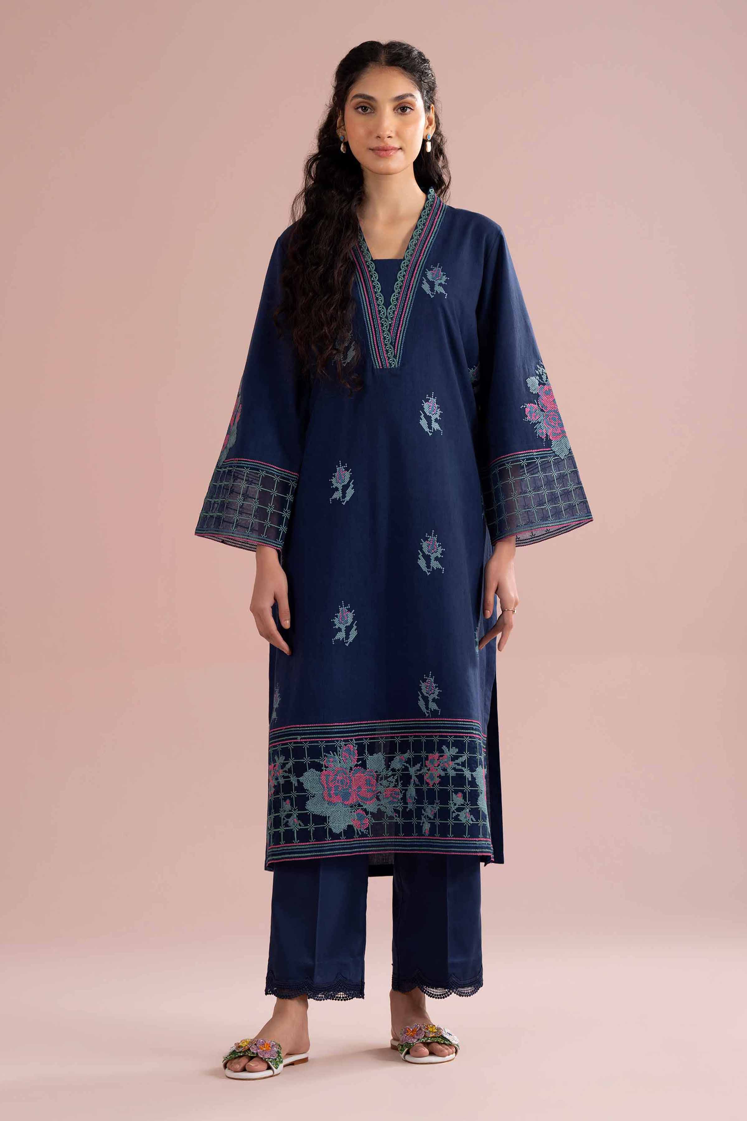 2 Piece - Embroidered Suit - PE26-230 Blue Jacquard 2PC Embroidered READY TO WEAR