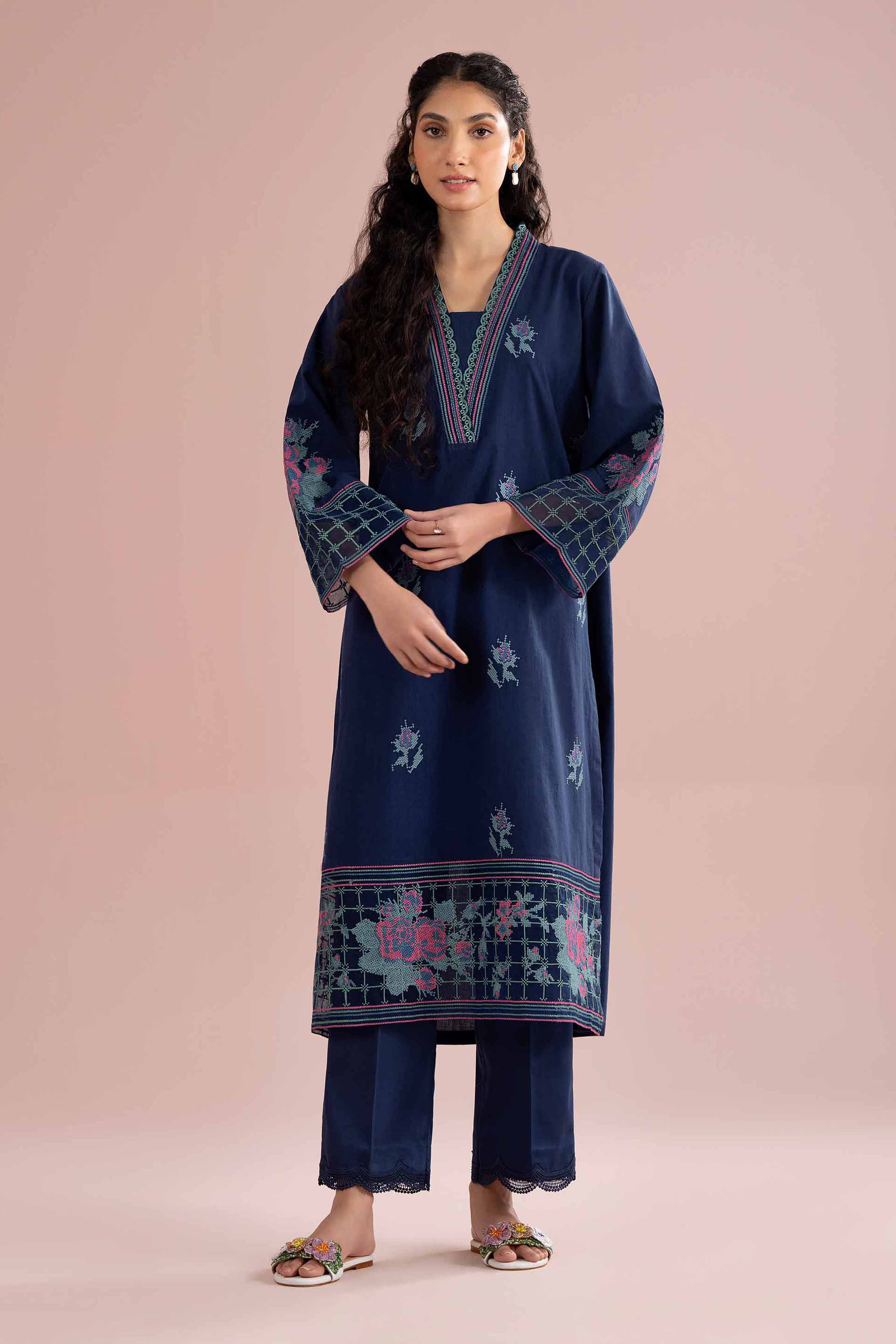 2 Piece - Embroidered Suit - PE26-230 Blue Jacquard 2PC Embroidered READY TO WEAR