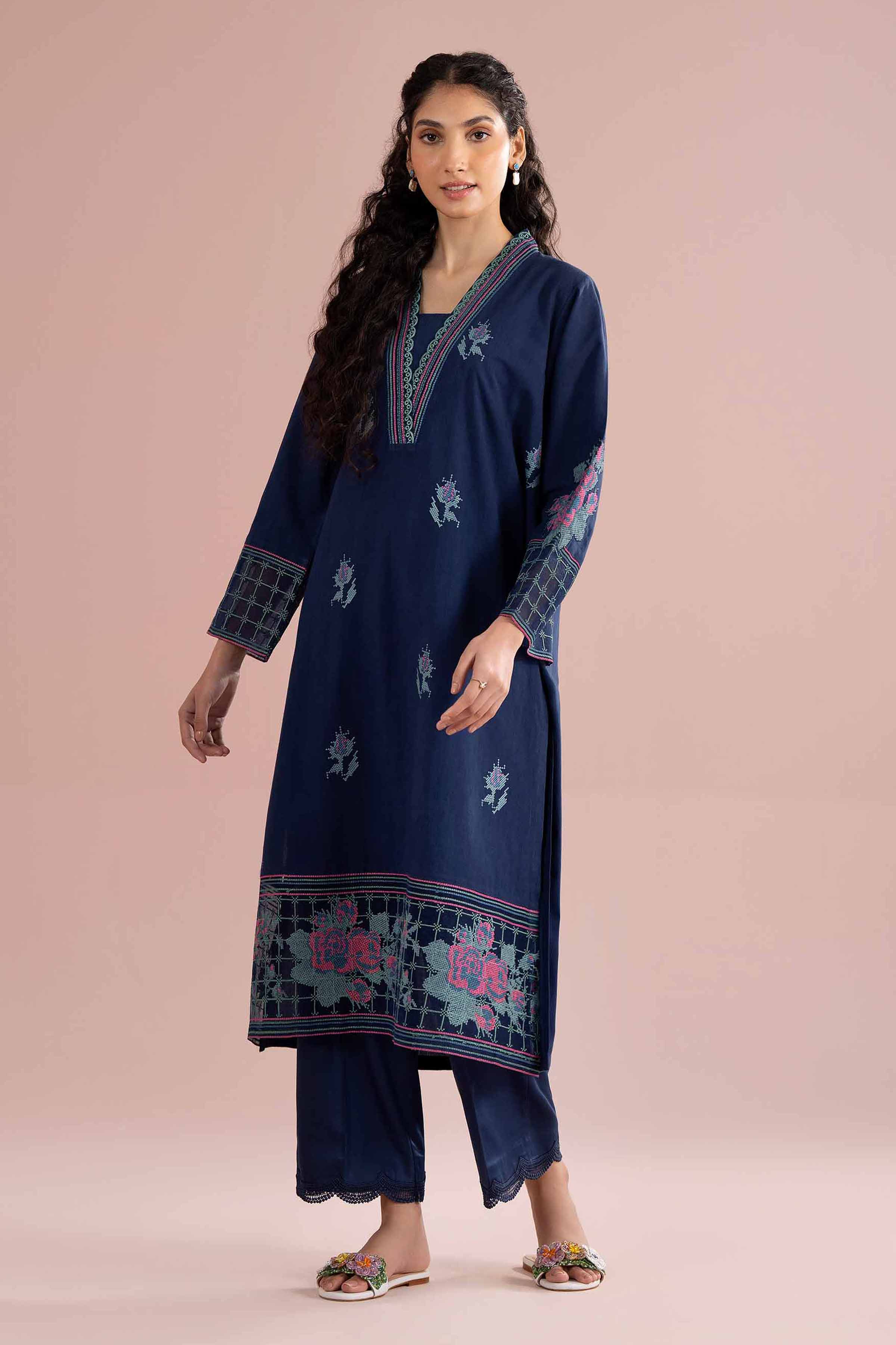 2 Piece - Embroidered Suit - PE26-230 Blue Jacquard 2PC Embroidered READY TO WEAR